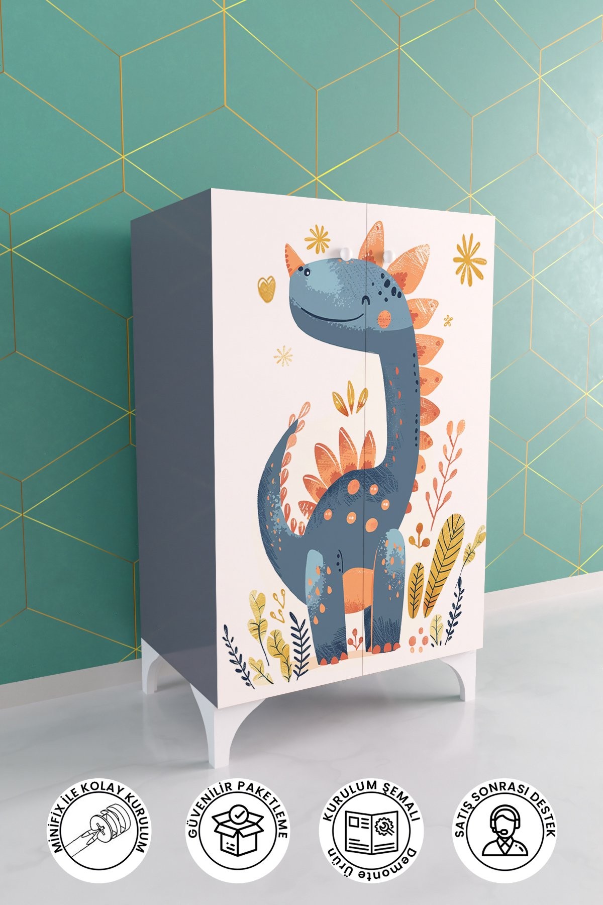 Minik Dino 2 Raflı Çocuk Odası Dolabı Çok Amaçlı Baskılı Oyuncak Dolabı