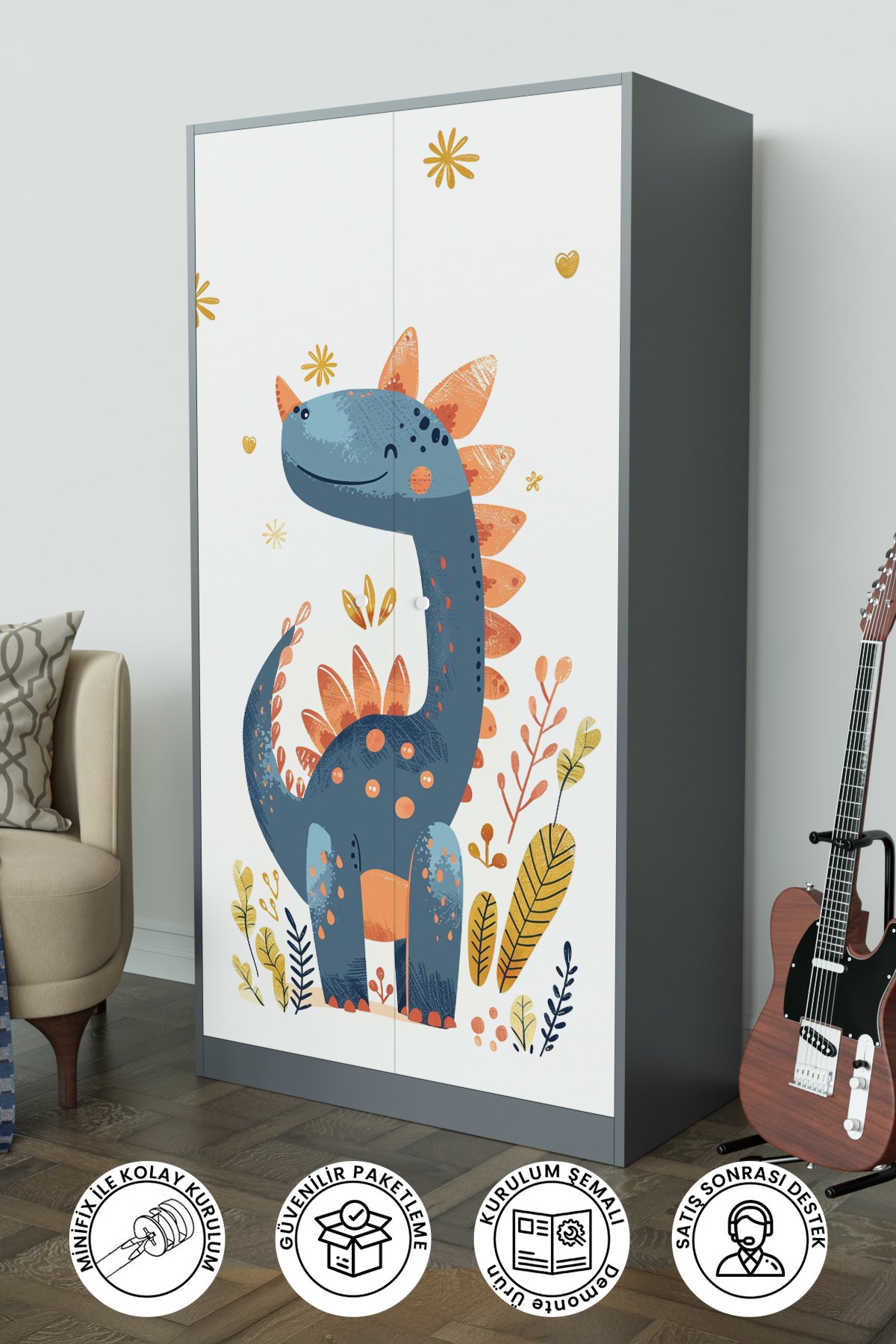 Minik Dino Design "Calista" Gardırop 5 Raflı Askılı Çocuk Odasi Elbise Dolabı