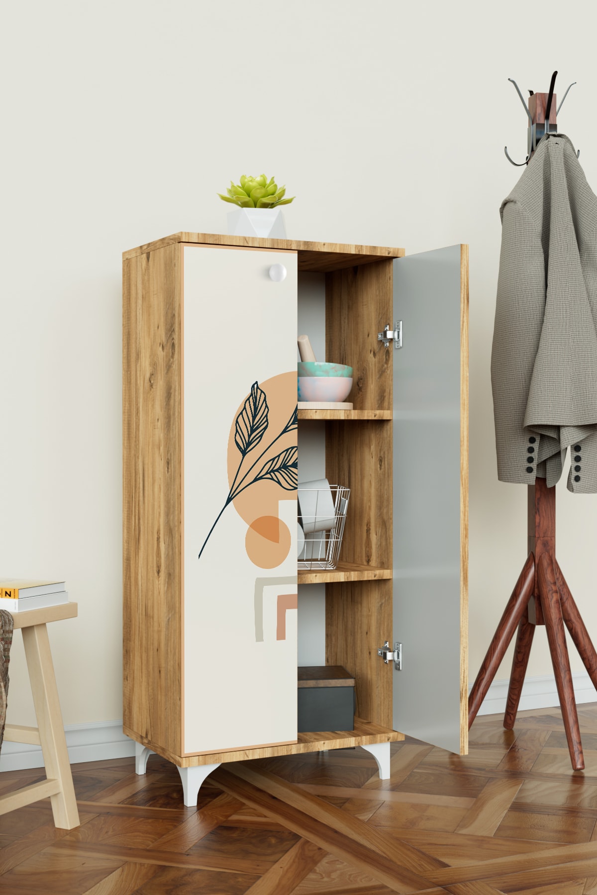 Minimal Çiçekler 3 Raflı Çok Amaçlı Dolap Mutfak Salon Banyo Ofis Salon Dolabı