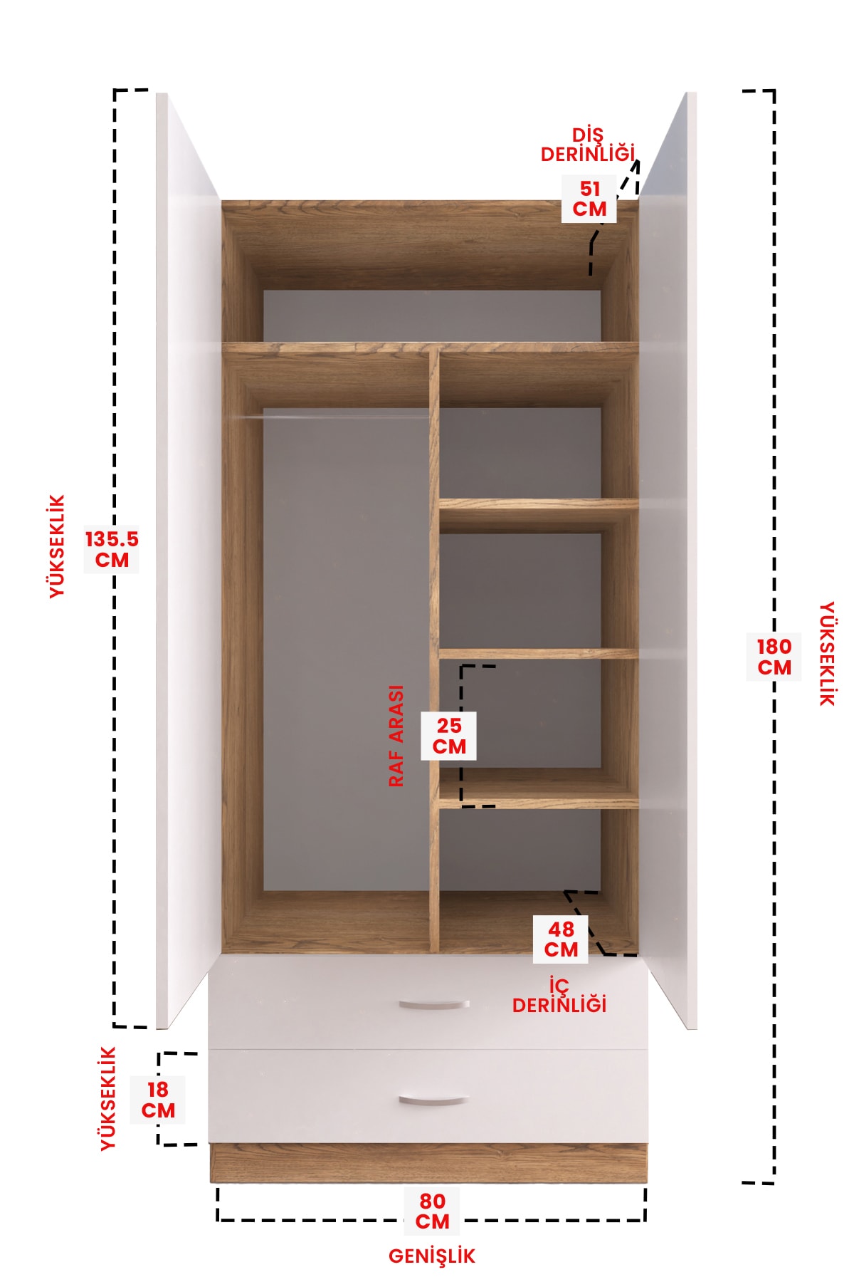 Aynalı 2 Kapaklı Gardırop 5 Raflı 2 Çekmeceli Askılı Elbise Dolabı