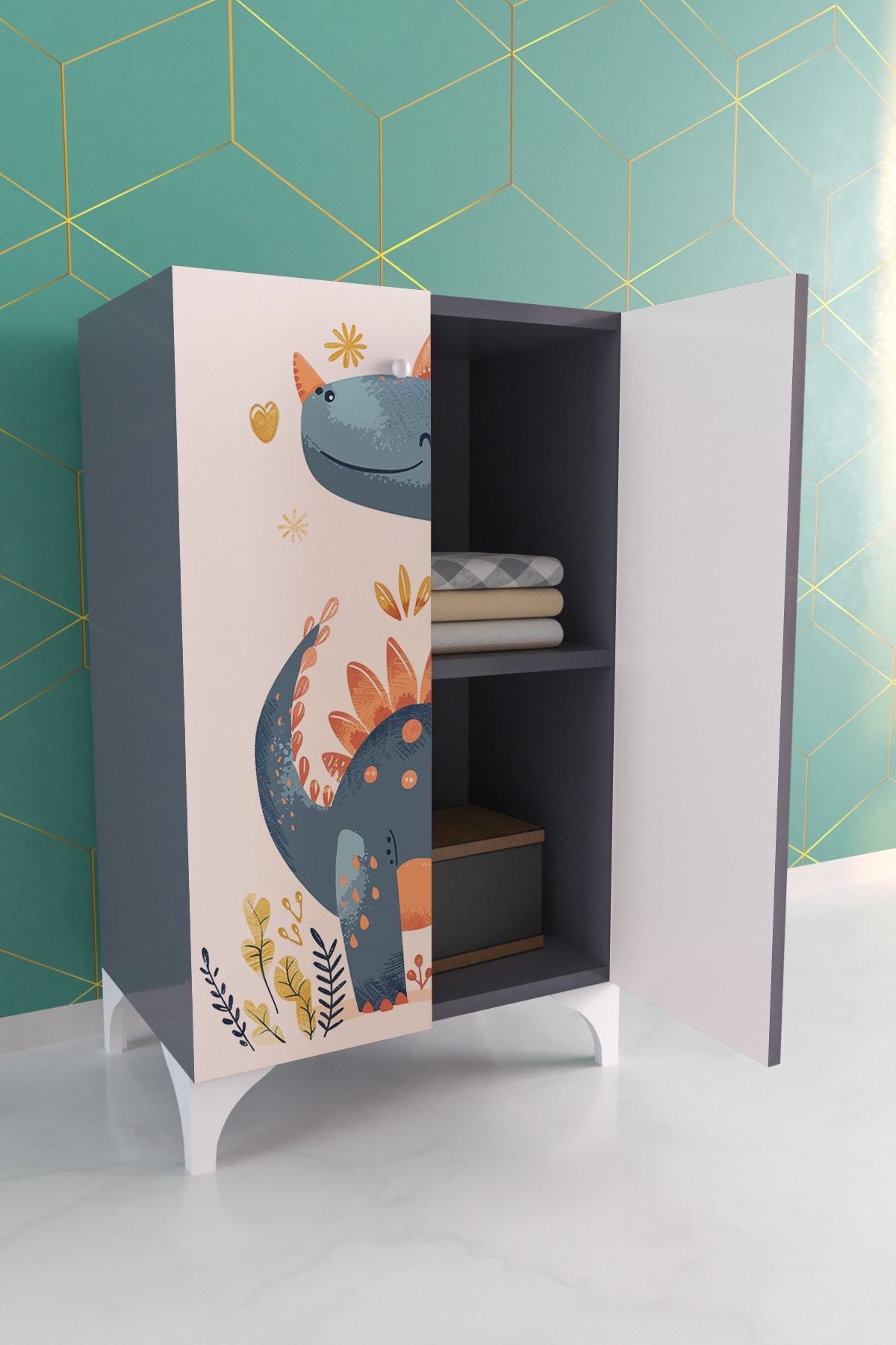 Minik Dino 2 Raflı Çocuk Odası Dolabı Çok Amaçlı Baskılı Oyuncak Dolabı