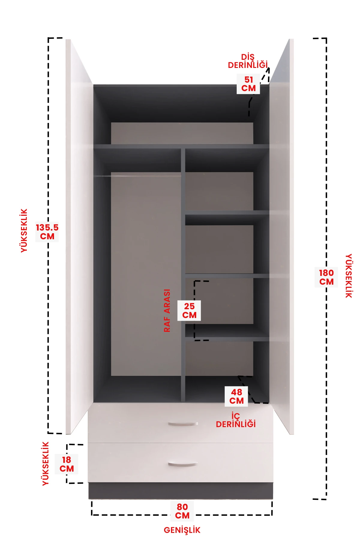 Aynalı 2 Kapaklı Gardırop 5 Raflı 2 Çekmeceli Askılı Elbise Dolabı