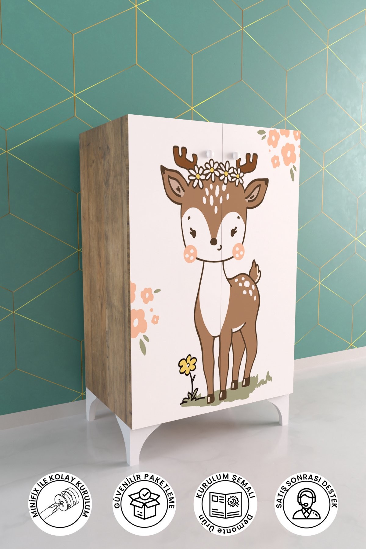 Little Fawn 2 Raflı Çocuk Odası Dolabı Çok Amaçlı Baskılı Oyuncak Dolabı