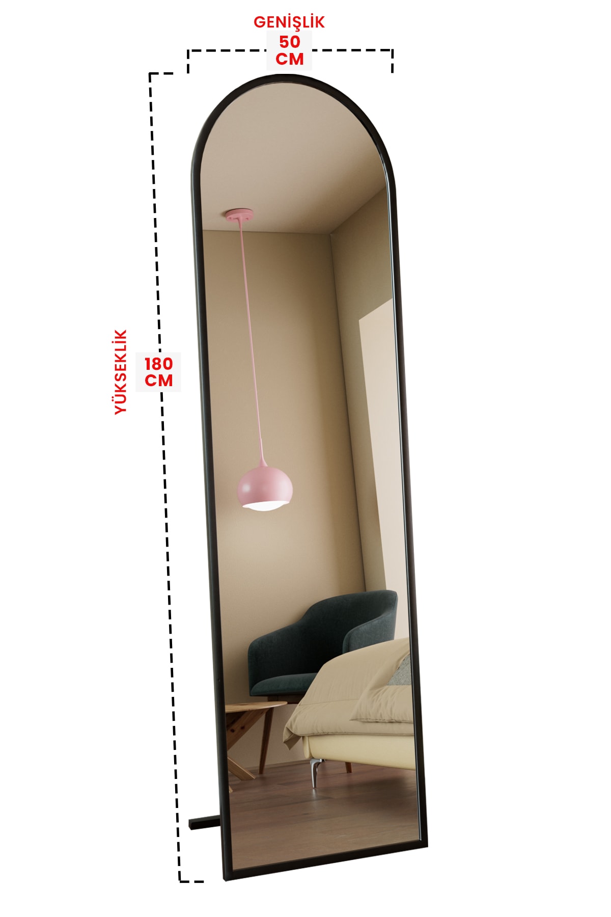 Oval Metal Çerçeveli Ayaklı Influencer Boy Aynası 180 x 50 Cm