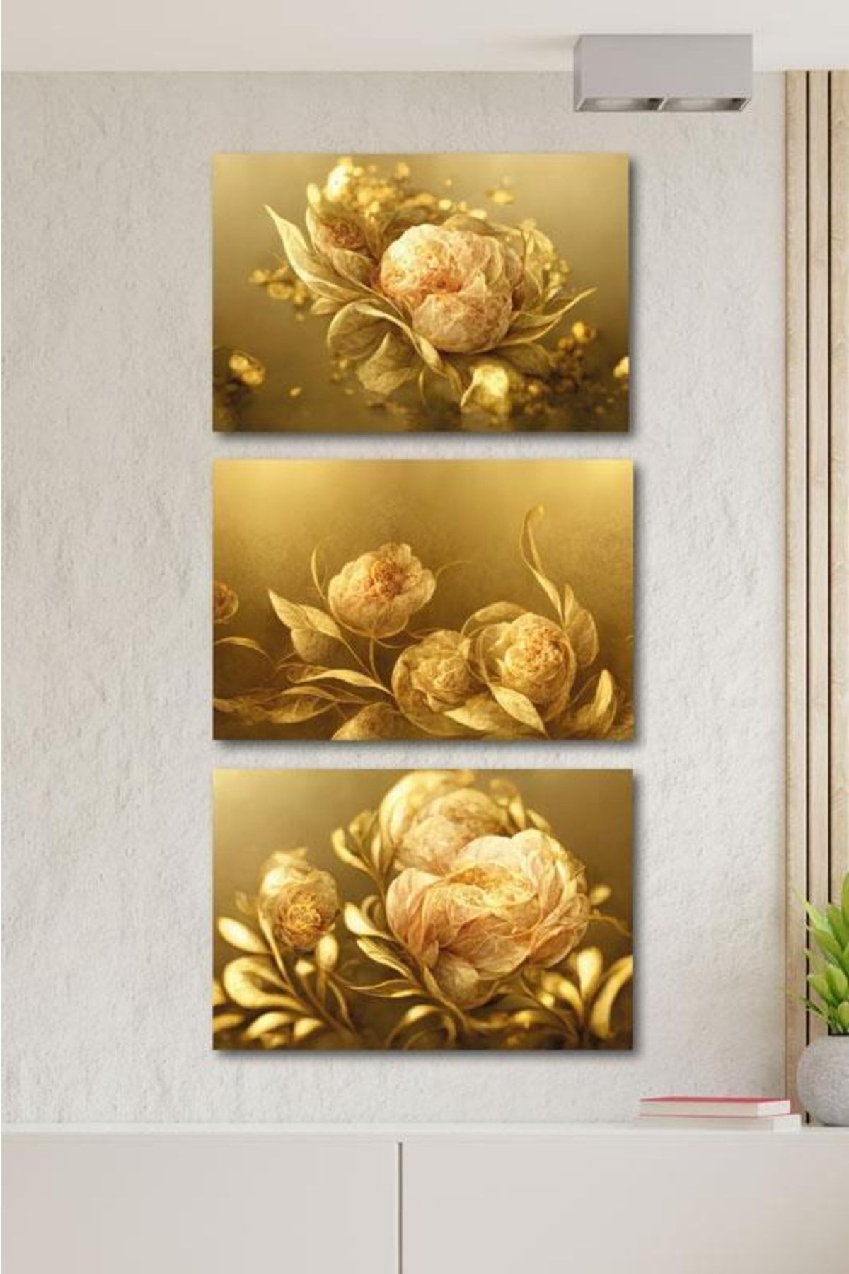 3'lü Set Gold Flowers Kanvas Tablo