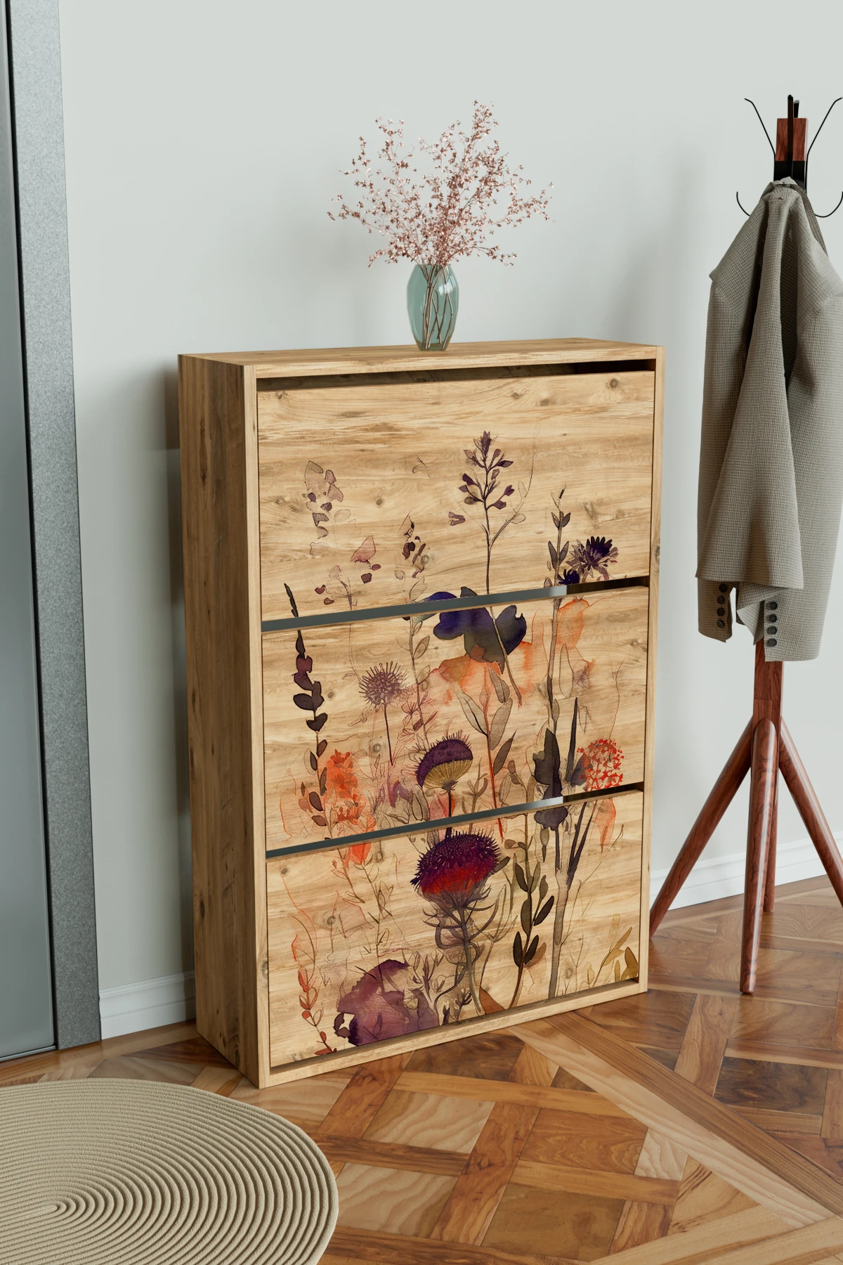 "Floral" 3 Bölmeli Liovian Düşer Kapak Ayakkabılık