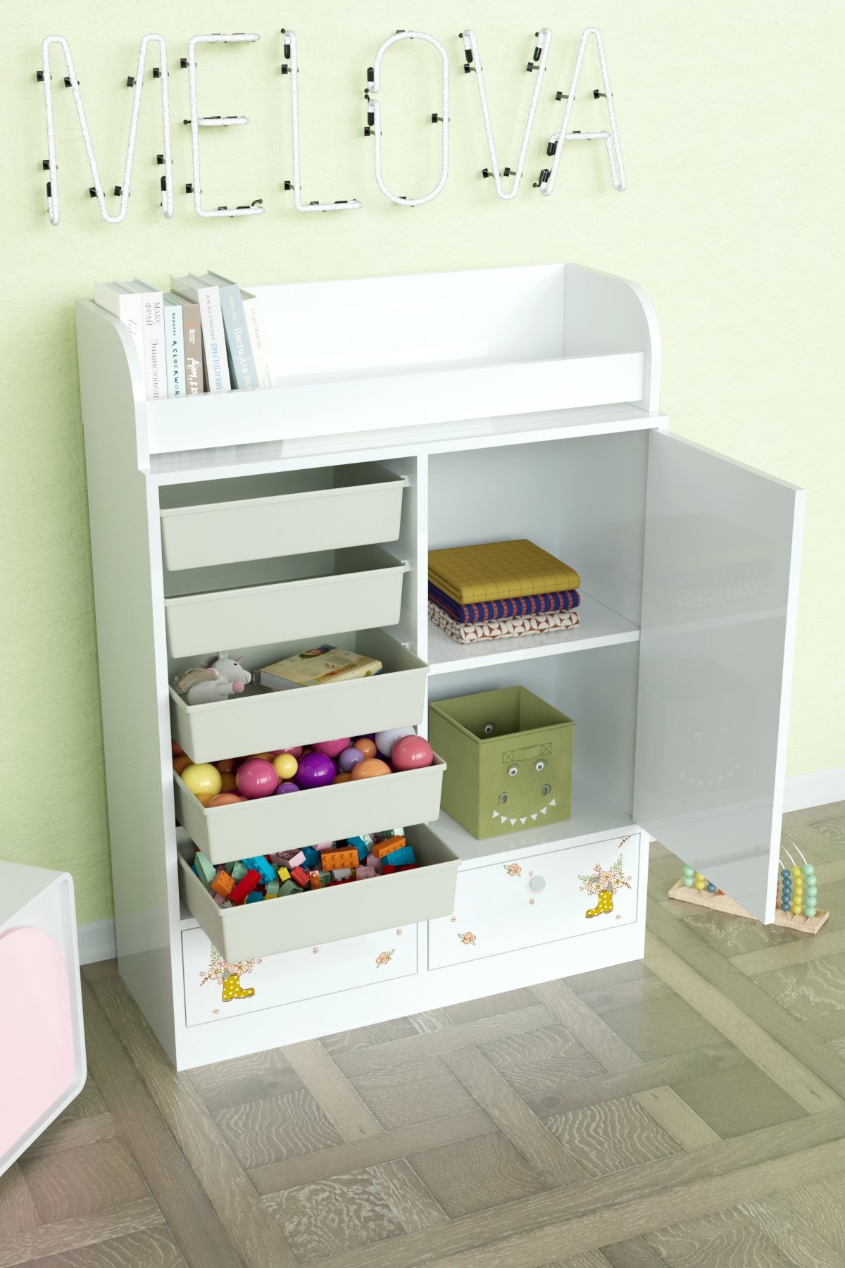Adorable Design "Melova" 5 Sepetli 2 Çekmeceli Çok Amaçlı Oyuncak Dolabı