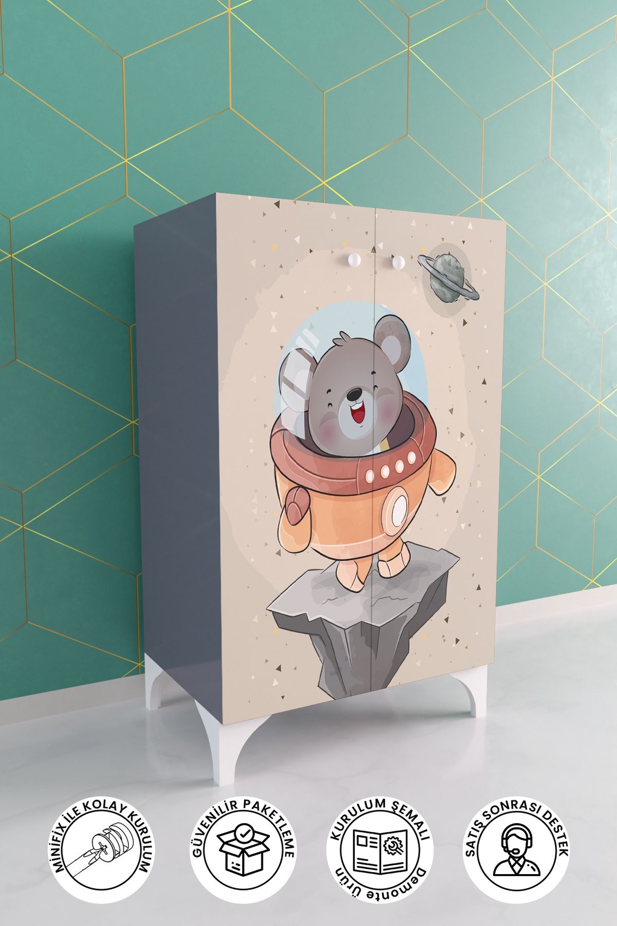 Little Astronaut 2 Raflı Çocuk Odası Dolabı Çok Amaçlı Baskılı Oyuncak Dolabı