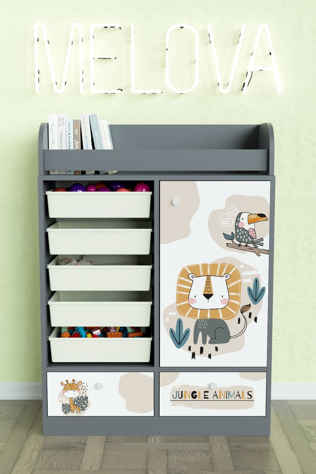 Jungle Animals Design "Melova" 5 Sepetli 2 Çekmeceli Çok Amaçlı Oyuncak Dolabı