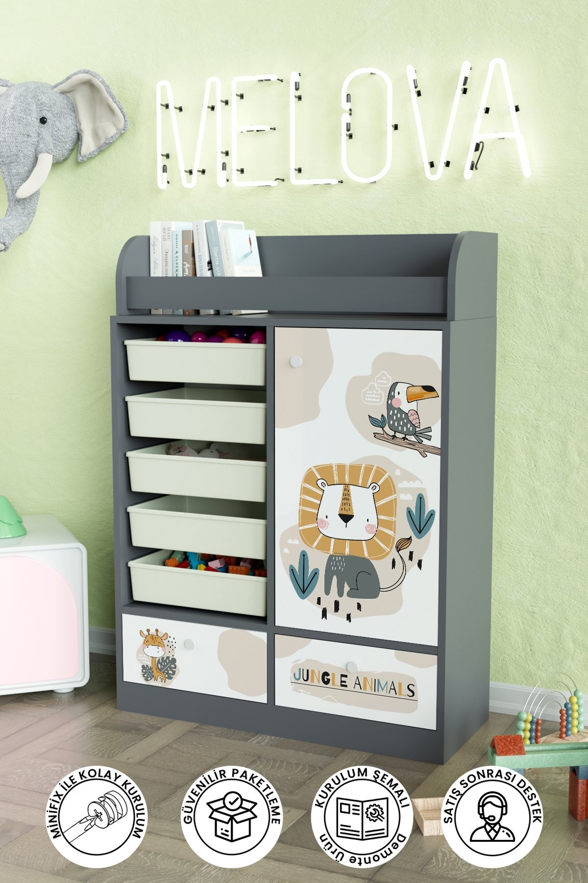 Jungle Animals Design "Melova" 5 Sepetli 2 Çekmeceli Çok Amaçlı Oyuncak Dolabı