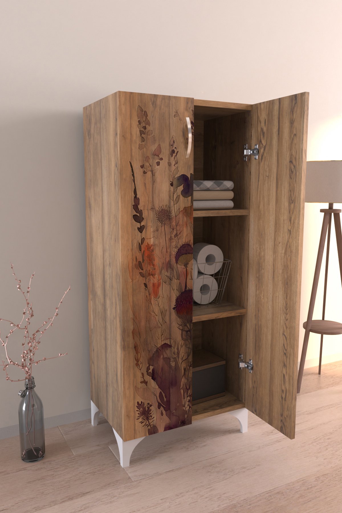 Floral 3 Raflı Çok Amaçlı Dolap Mutfak Salon Banyo Ofis Salon Dolabı