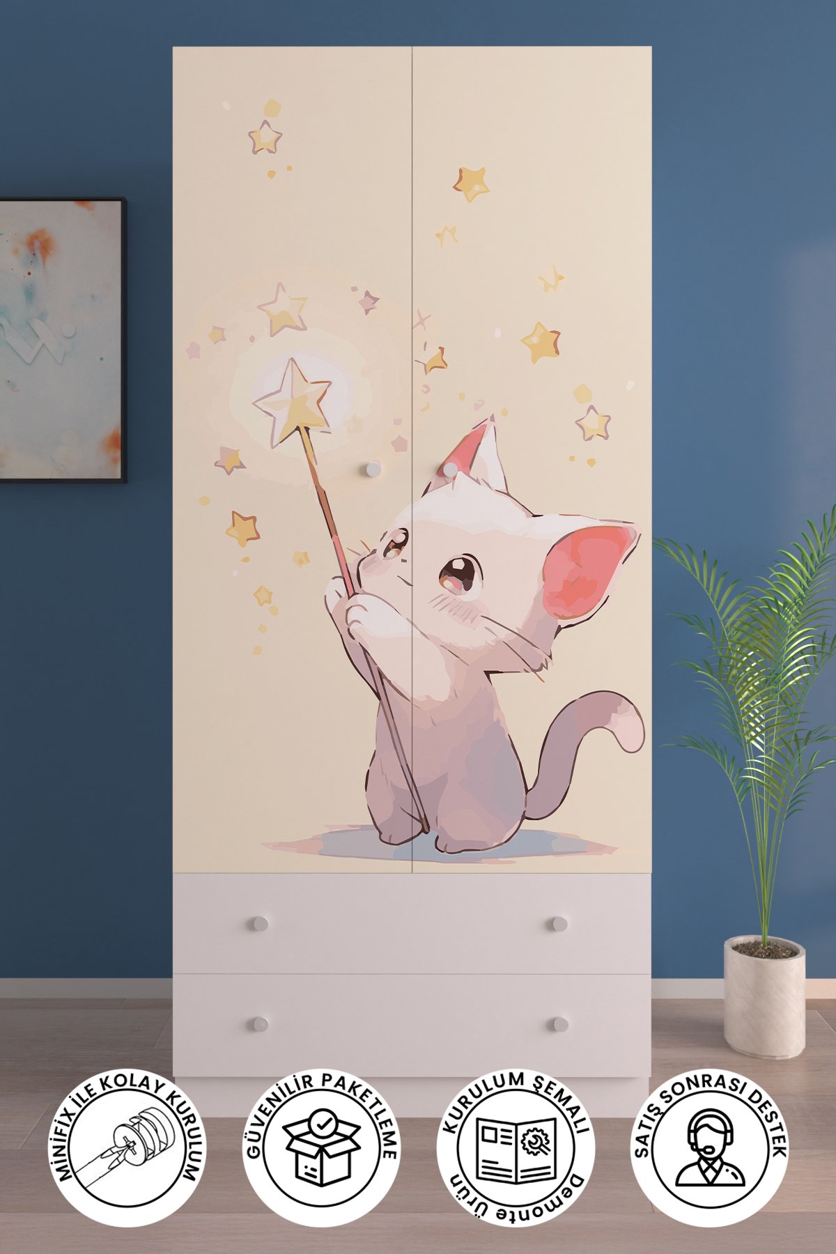 Çocuk Odası 2 Kapaklı Cosmic Kitty Gardırop 5 Raflı 2 Çekmeceli Askılı Elbise Dolabı