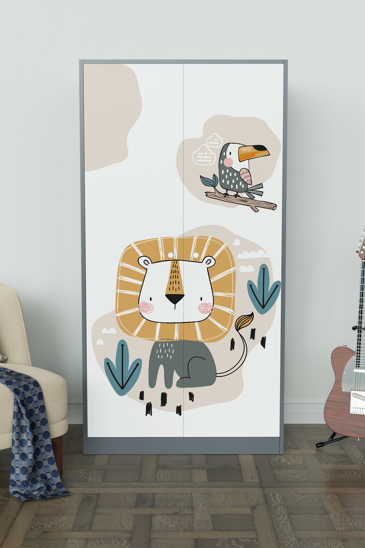 Jungle Animals Design "Calista" Gardırop 5 Raflı Askılı Çocuk Odasi Elbise Dolabı