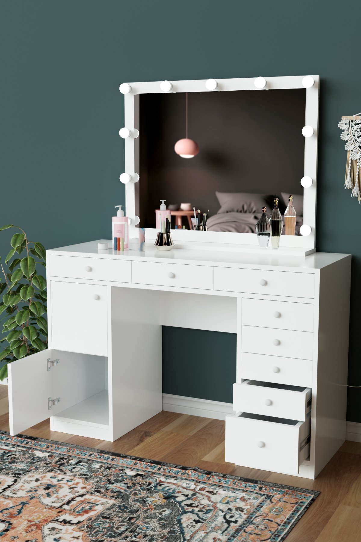 "Ariana" Makyaj Masası Aynalı ve 8 Çekmeceli Takı Organizer Masası