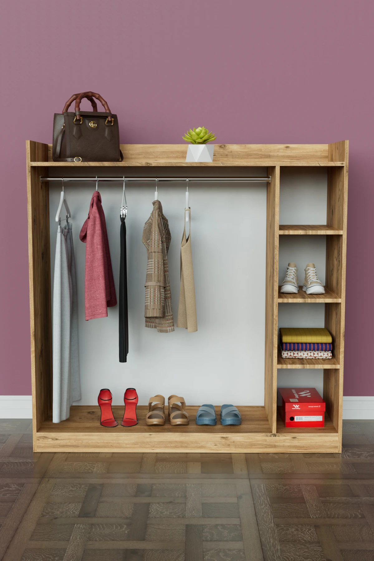 4 Rafli Mini Gardırop askılıklı Vestiyer Çok Amaçlı Kapaksız Elbise Dolabı