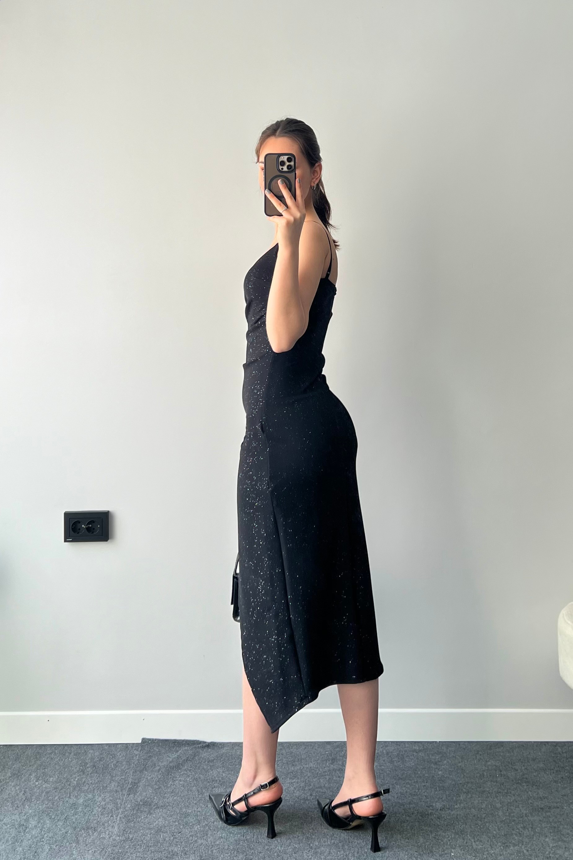 Simli Drapeli İp Askılı Midi Elbise