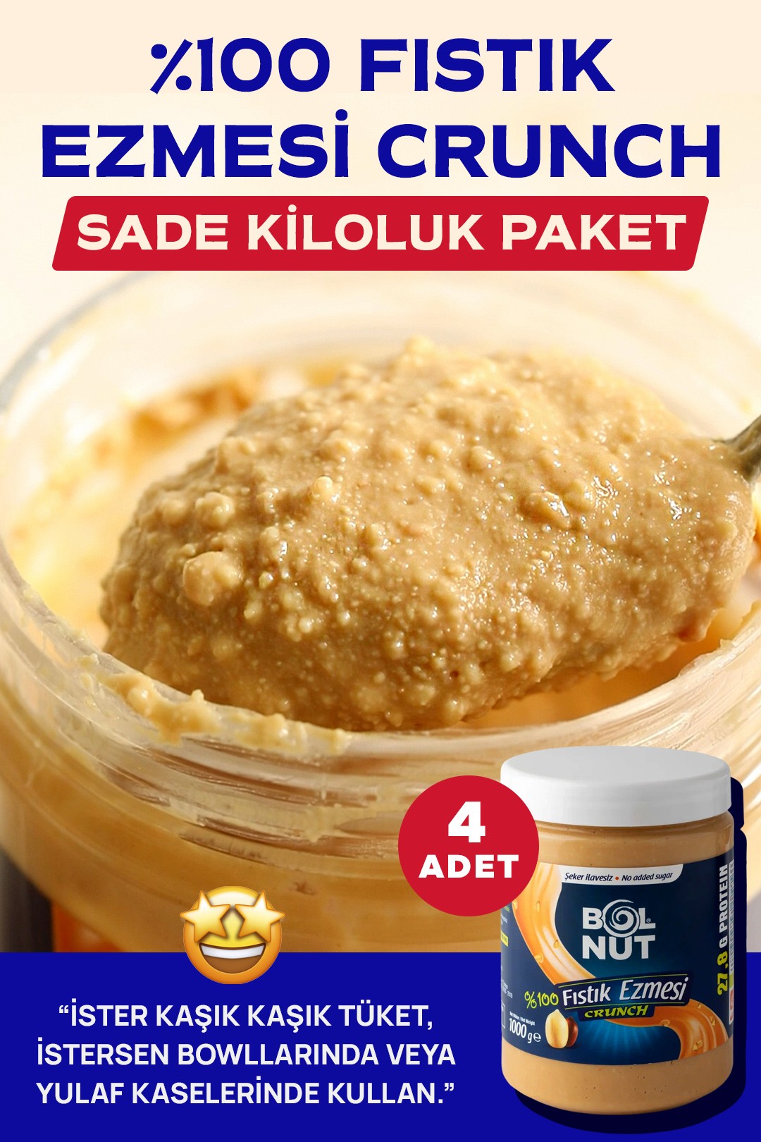 %100 Fıstık Ezmesi Crunch 4 Kilo 