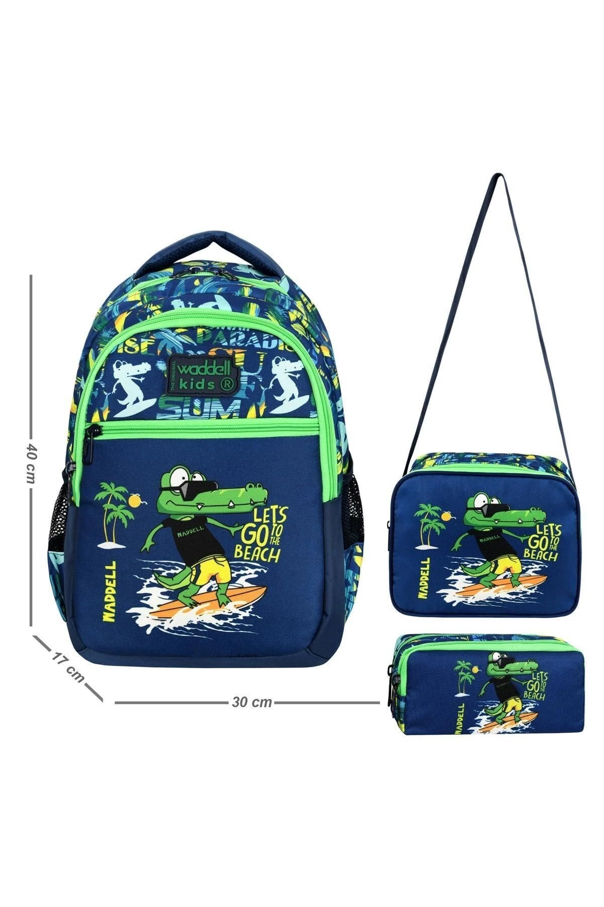 Lisanslı Kids Timsah Desenli Erkek Çocuk İlkokul ve Anasınıfı Okul Çantası 3'lü Set Yeşil - Lacivert