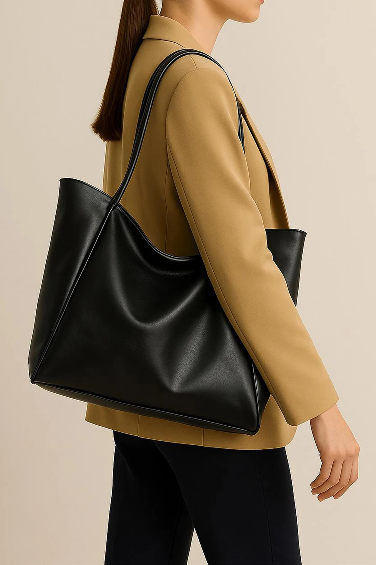 Büyük Boy Vintage Yumuşak Deri Salaş Model Geniş Hacimli Siyah Kadın Omuz Çanta Kol Çantası