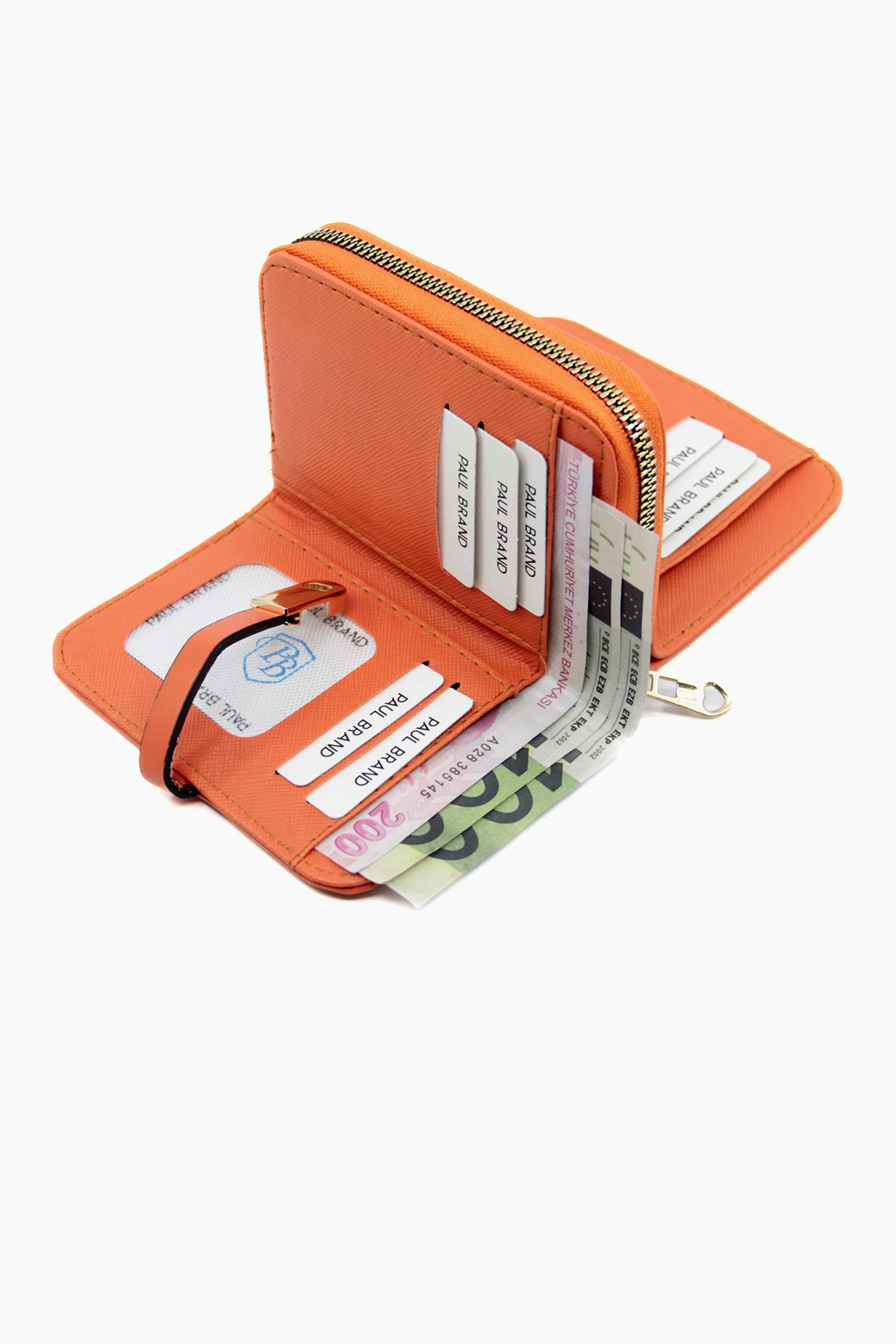 Büyük Boy Patlı Bol Kartlıklı Bozuk Para ve Kağıt Para Bölmeli Turuncu Kadın Cüzdan PBA742