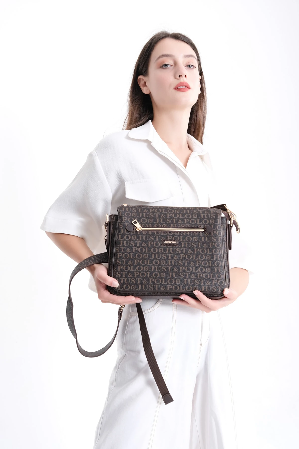 Beyaz Desenli 5 Bölmeli Kadın Çapraz Omuz Çantası