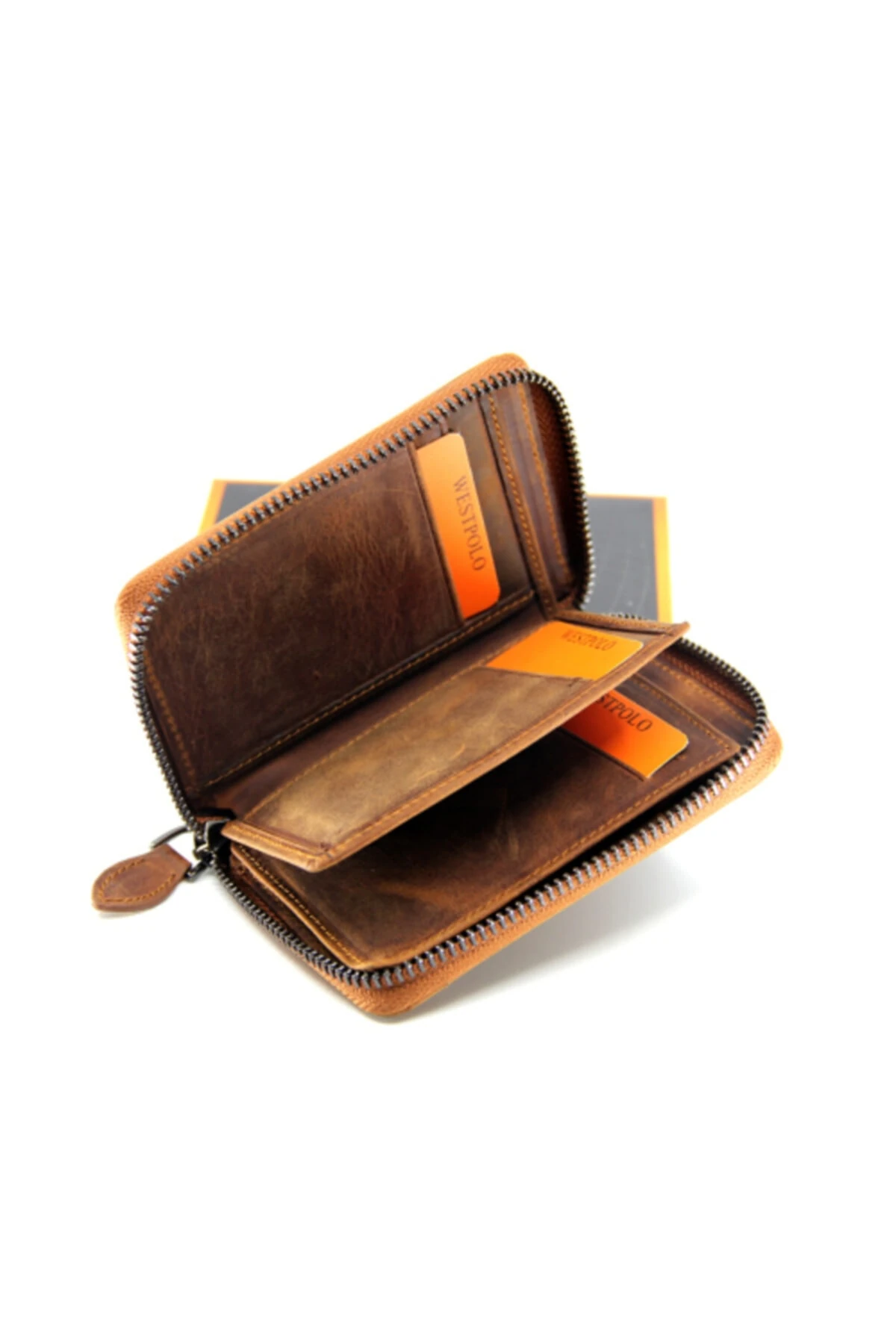 Kahverengi Unisex Fermuarlı Vintage Crazy Hakiki Deri Cüzdan Kartlık