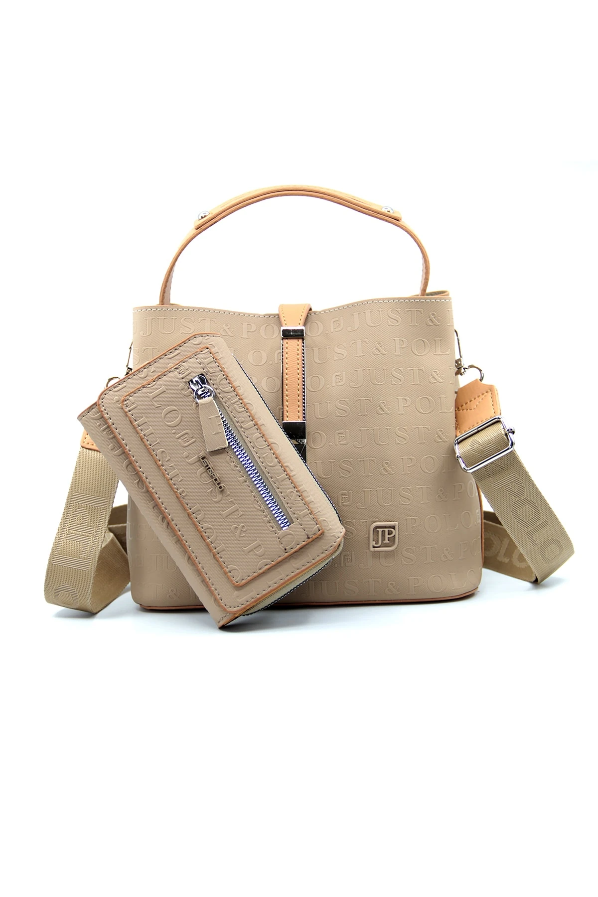 Kilit Detaylı Gri Kadın Cüzdan ve Omuz Çanta Kombini Pbu4002-1006