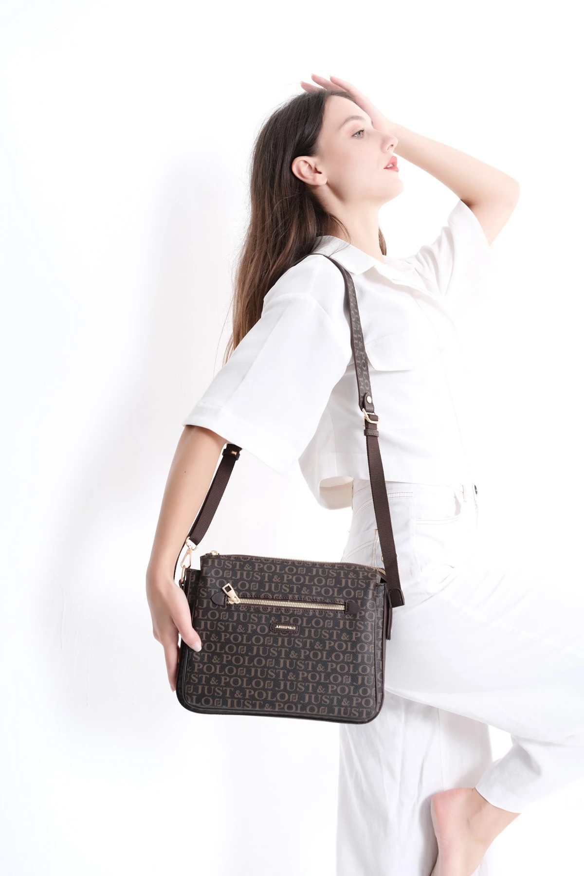 Beyaz Desenli 5 Bölmeli Kadın Çapraz Omuz Çantası