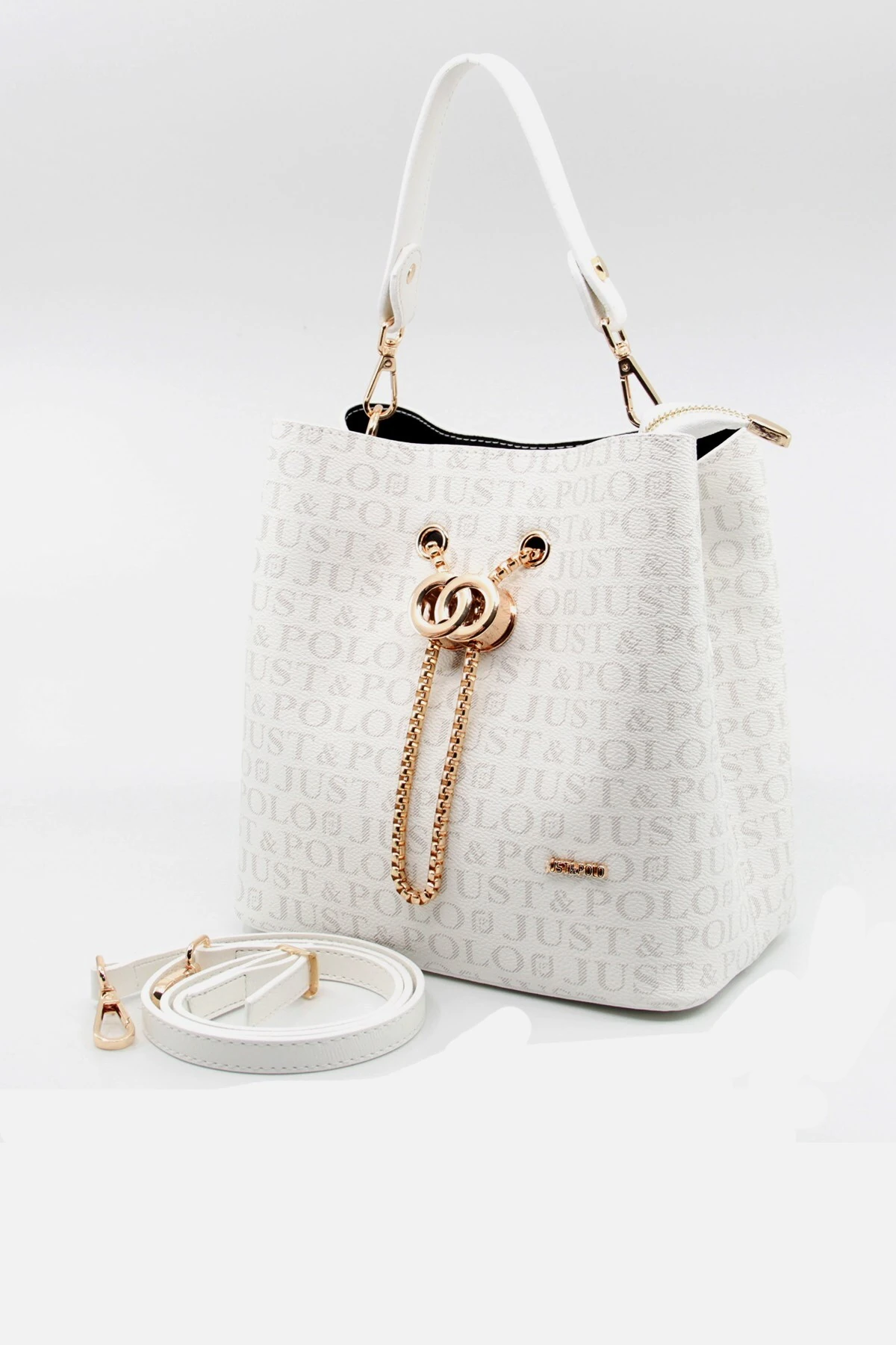 Beyaz Monogram Baskılı Uzun Askılı 3 Bölmeli Kadın El ve Omuz Çantası PBU5602