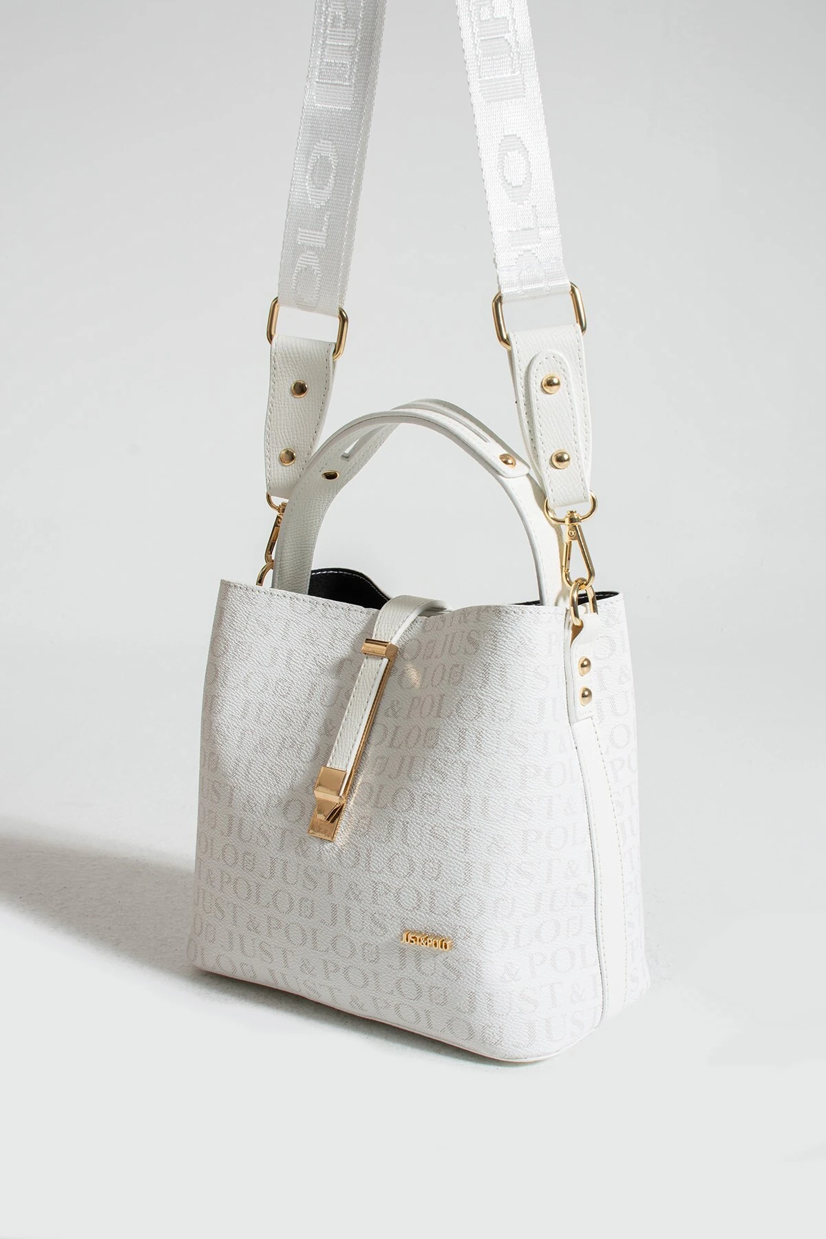 Beyaz Baskı Desenli Kilit Detaylı 3 Gözlü Kadın El ve Omuz Çantası 22x20cm PBU2098