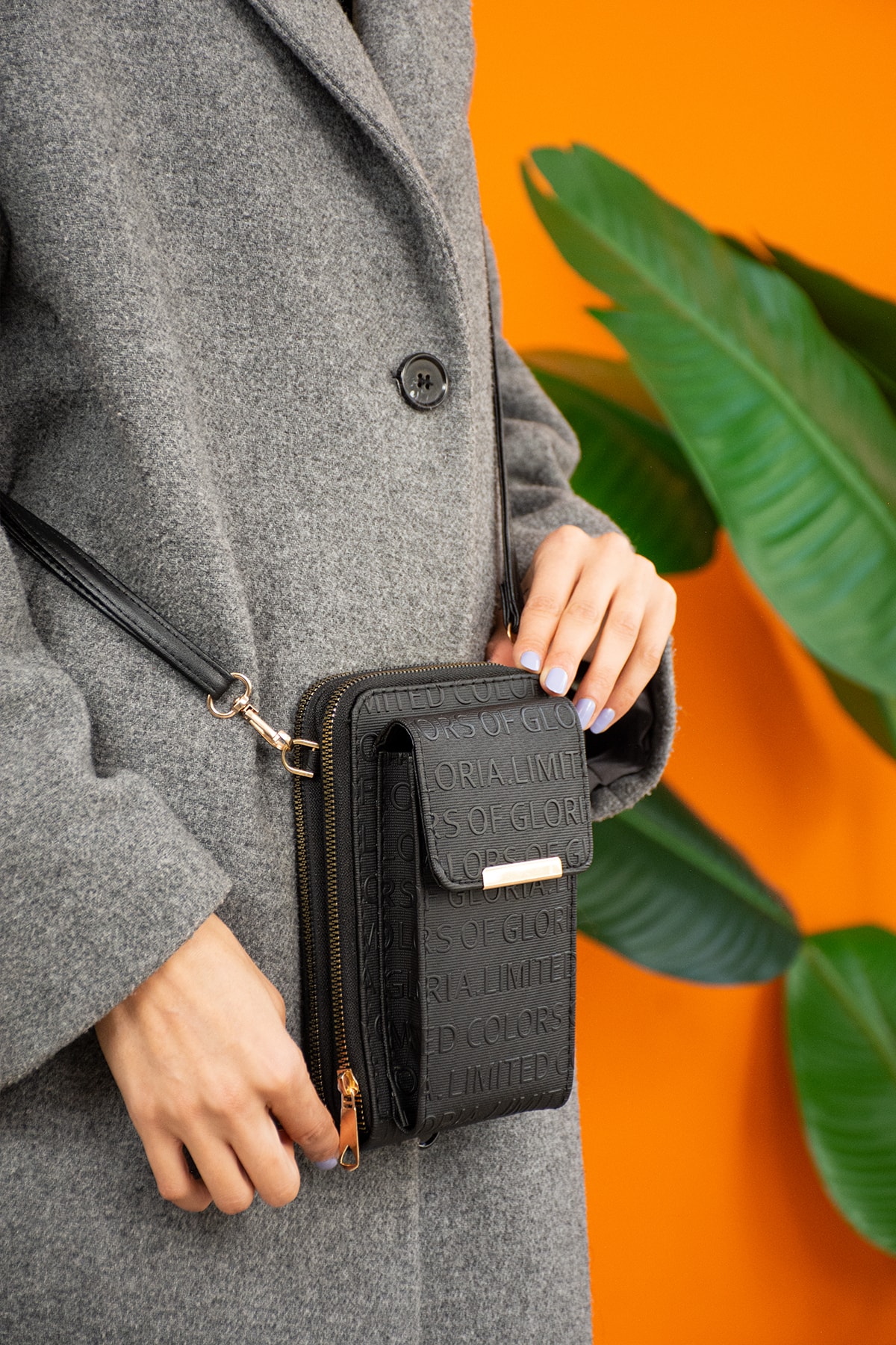 Gri Kadın Çapraz Askılı Telefon Bölmeli Cüzdan Çanta Hs016