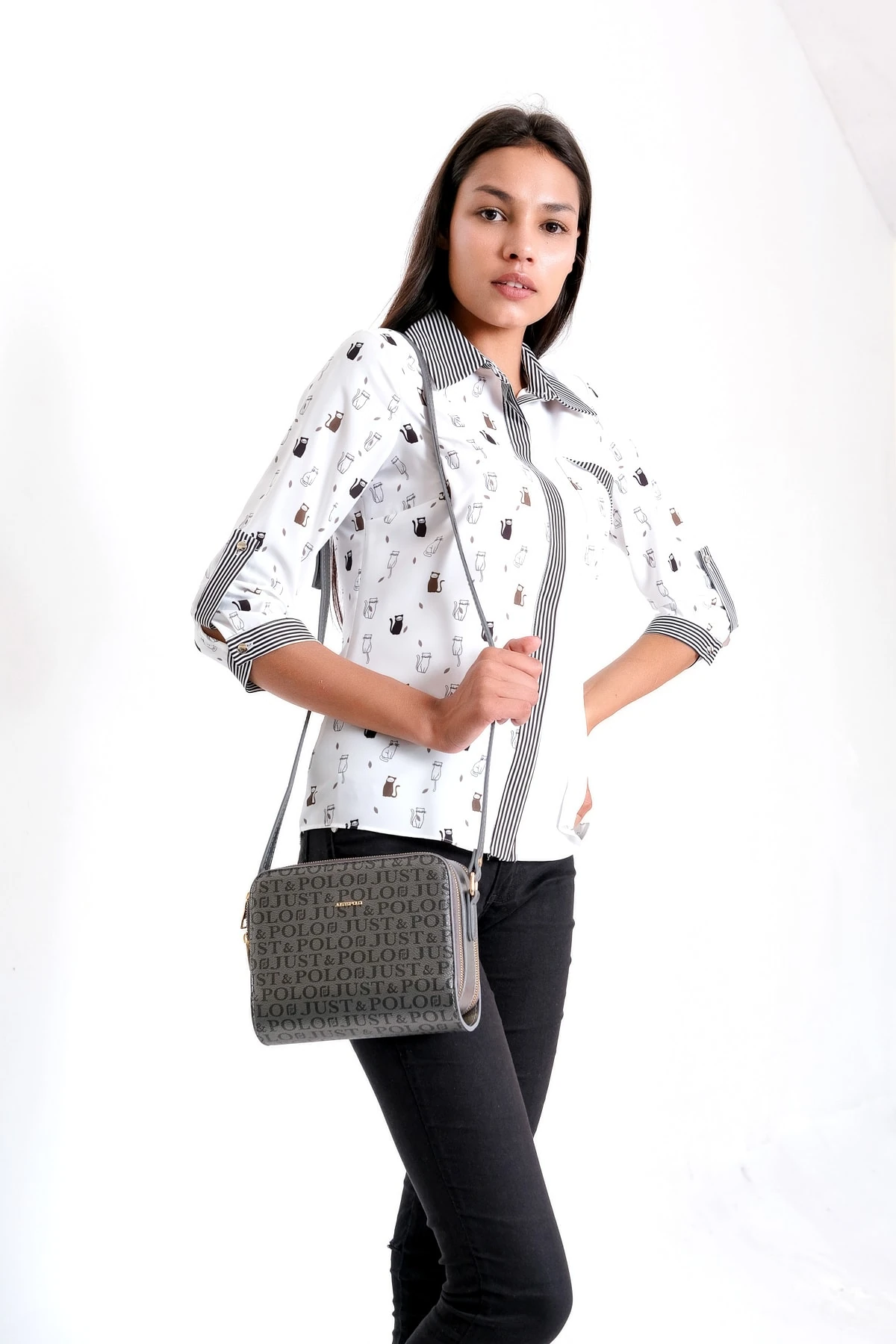 Gri Kadın Desenli Mini Boy Omuz Çantası