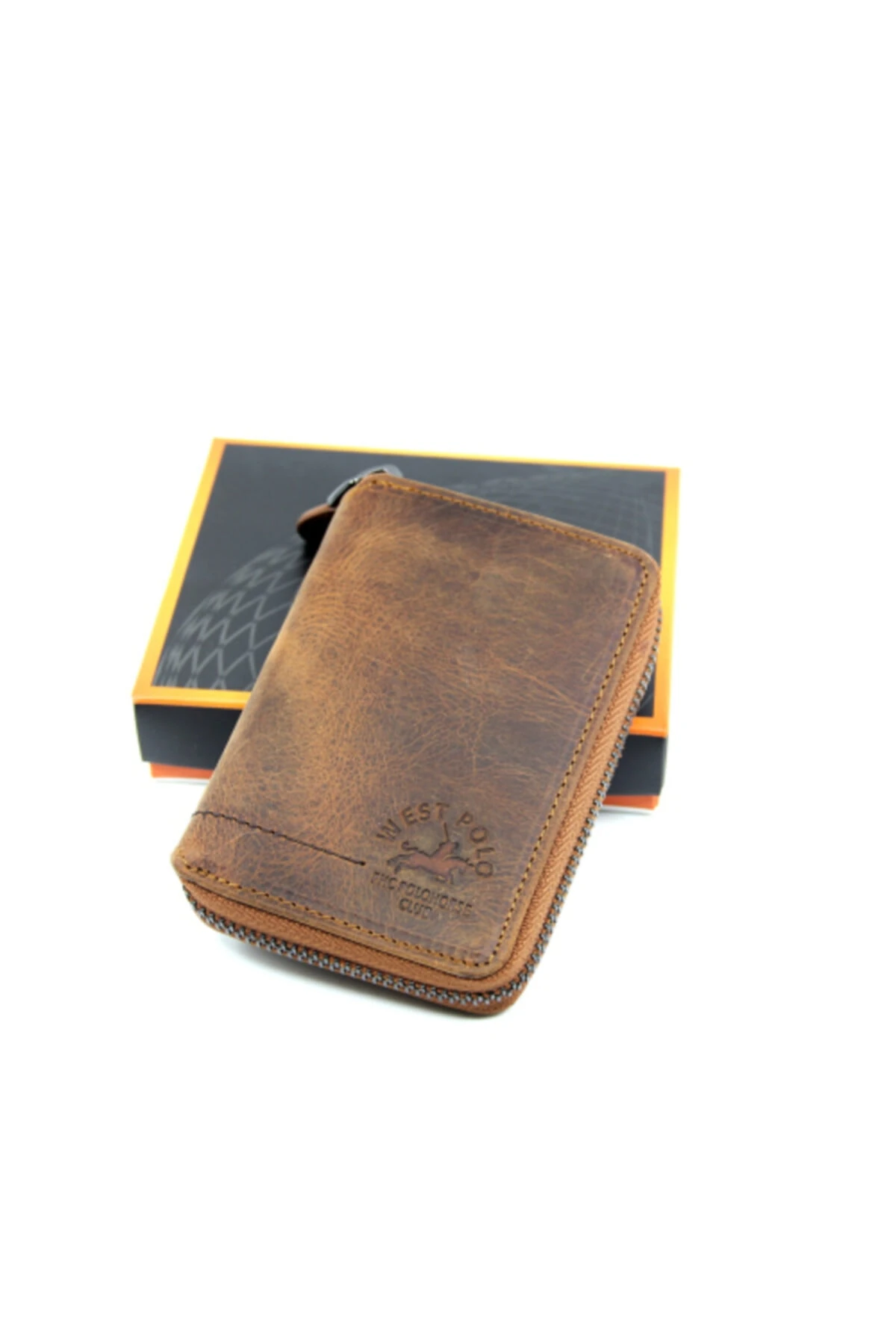 Kahverengi Unisex Fermuarlı Vintage Crazy Hakiki Deri Cüzdan Kartlık