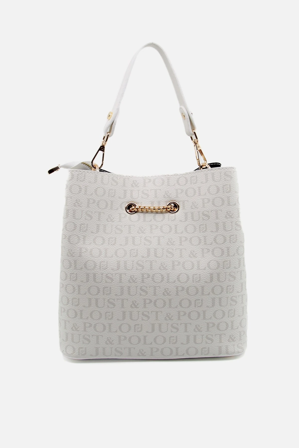 Beyaz Monogram Baskılı Uzun Askılı 3 Bölmeli Kadın El ve Omuz Çantası PBU5602