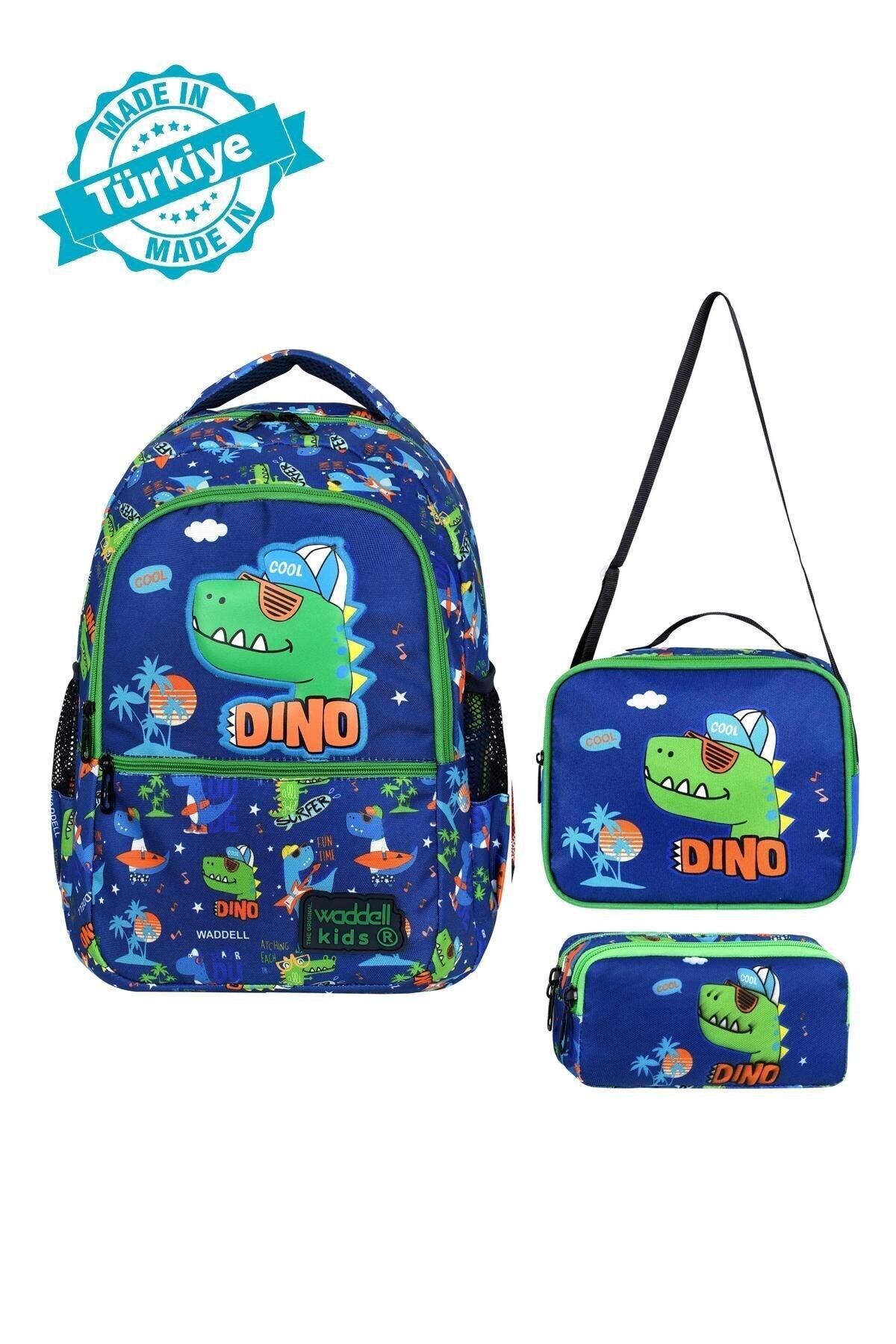 Waddell Kids 3’lü Erkek Çocuk Okul Seti (Sırt Çantası, Beslenme Çantası, Kalemlik) – Dino Desenli