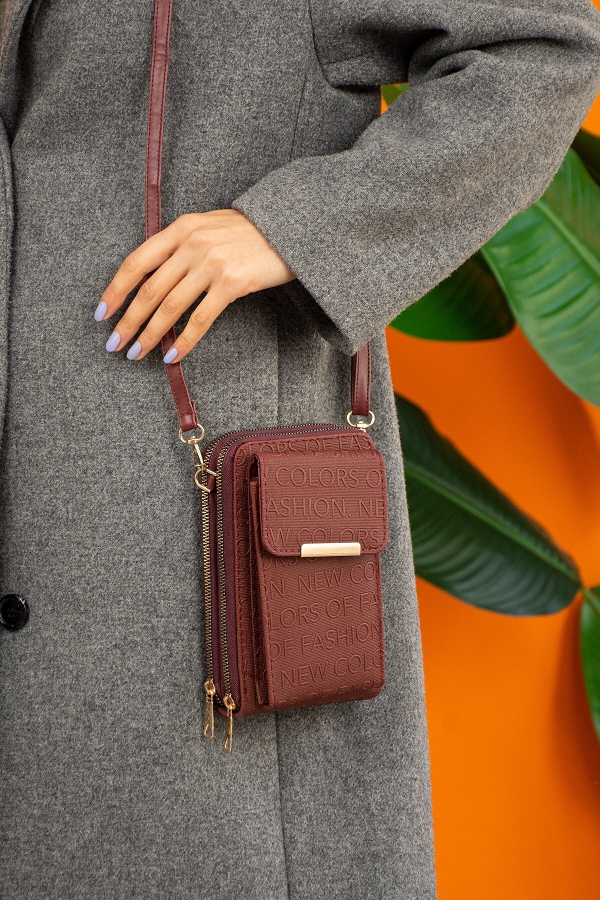 Bordo Kadın Çapraz Askılı Telefon Bölmeli Cüzdan Çanta Hs6560