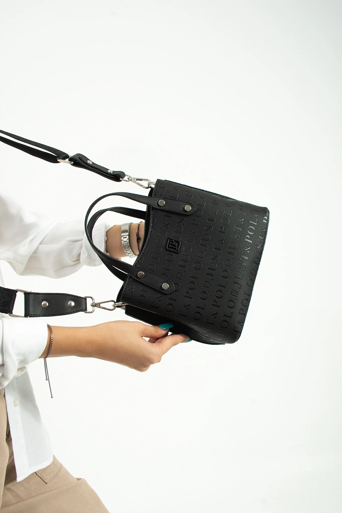 Krem Kolon Askı Gofraj Baskı 4 Bölmeli Kadın El ve Omuz Çantası Mds4095