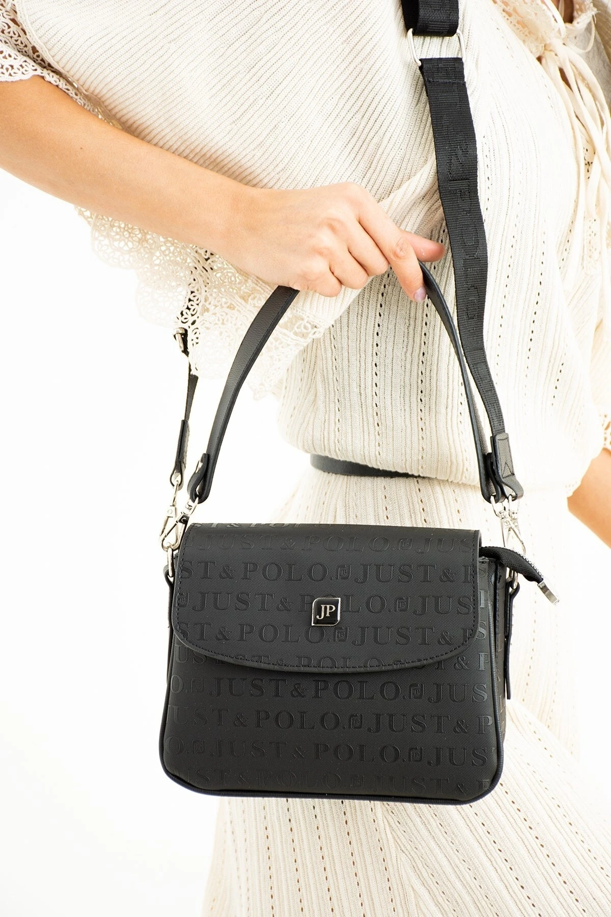 Siyah Baskı Desenli Kolon Askılı 4 Bölmeli Kadın Omuz Çantası Ve Cüzdan Kombini 25x15cm Pbu2184