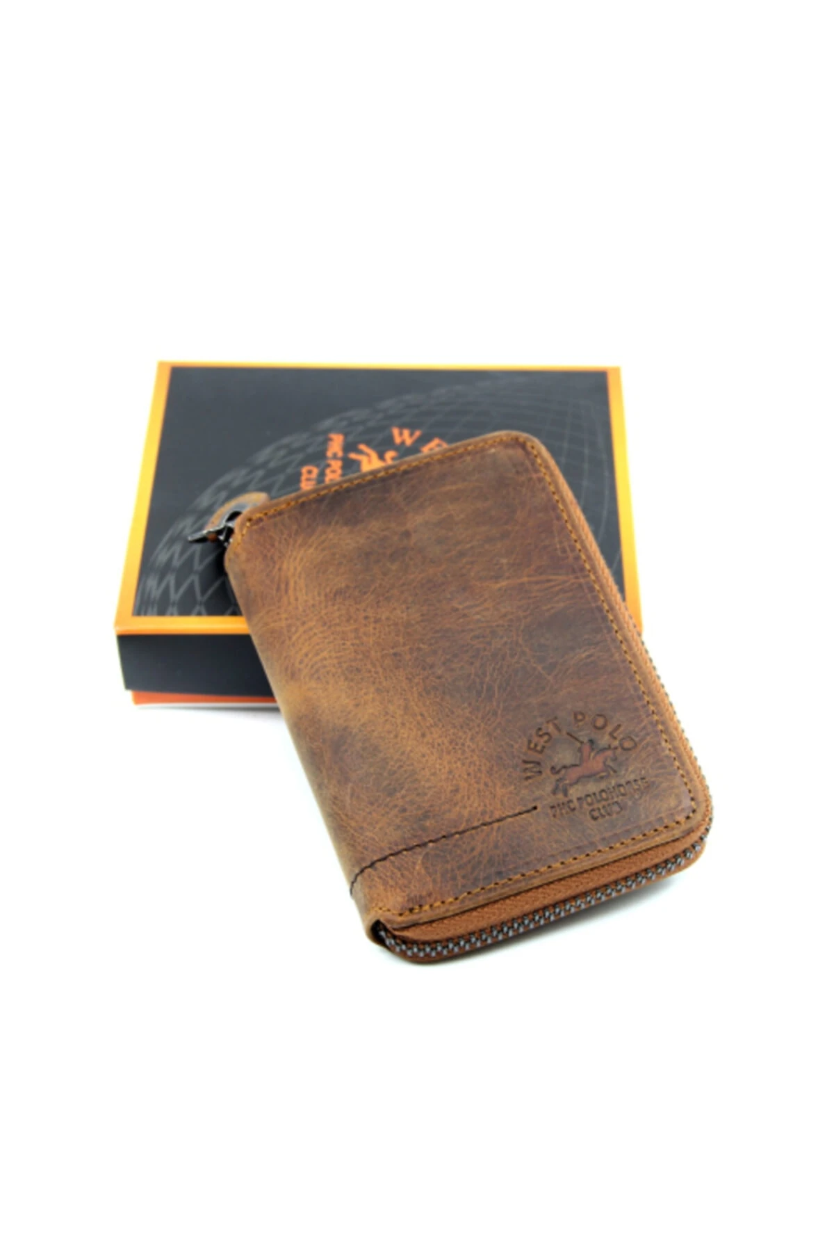 Kahverengi Unisex Fermuarlı Vintage Crazy Hakiki Deri Cüzdan Kartlık