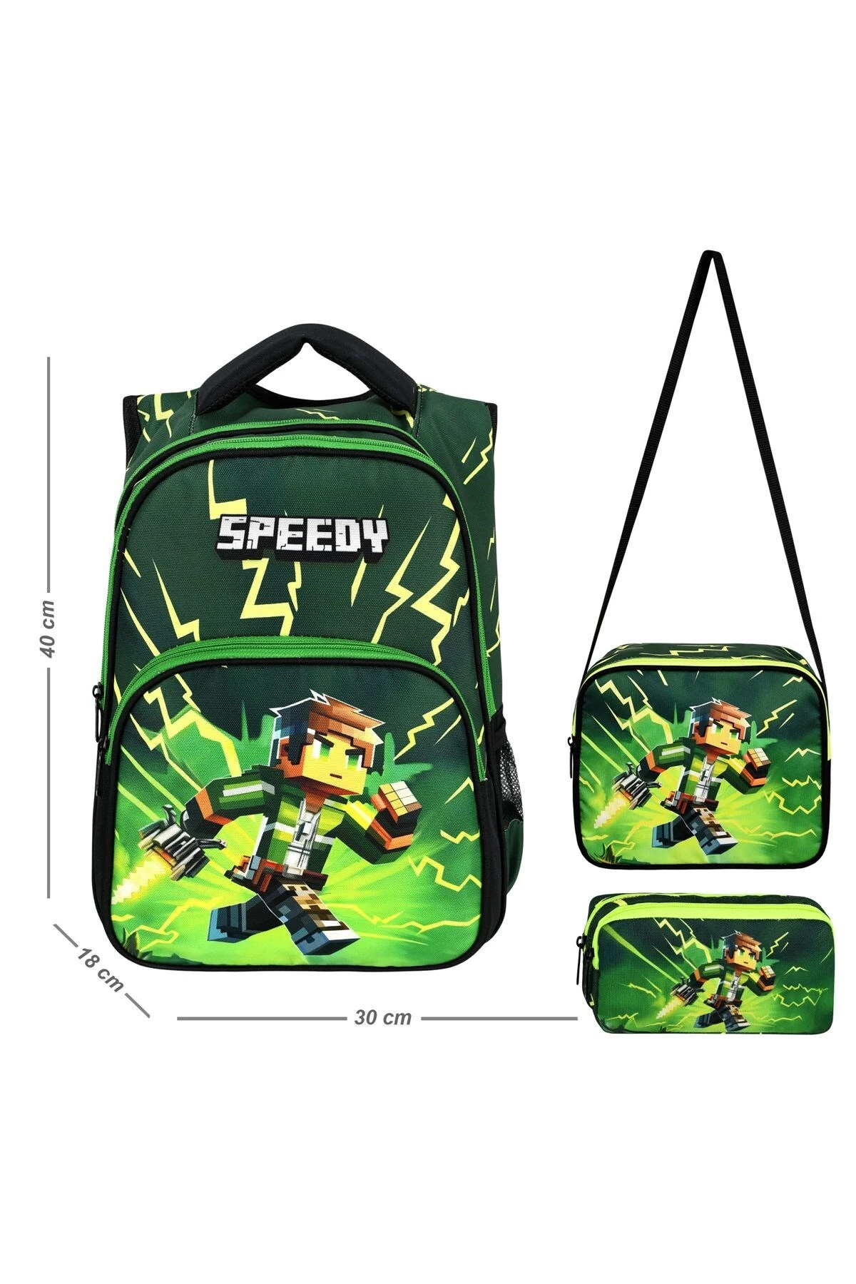 Speedy 3’lü Okul Çanta Seti (Sırt Çantası, Beslenme Çantası, Kalemlik) – Yeşil Desenli Erkek Çocuk