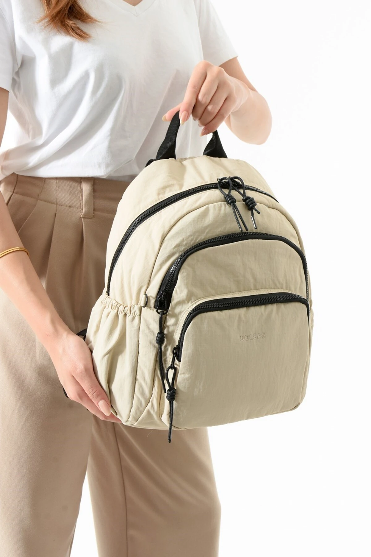 Kadın 3 Bölmeli Hafif & Geniş Hacimli Suya Dayanıklı Bej Klinkır Kumaş Günlük Sırt Çantası Mat1109