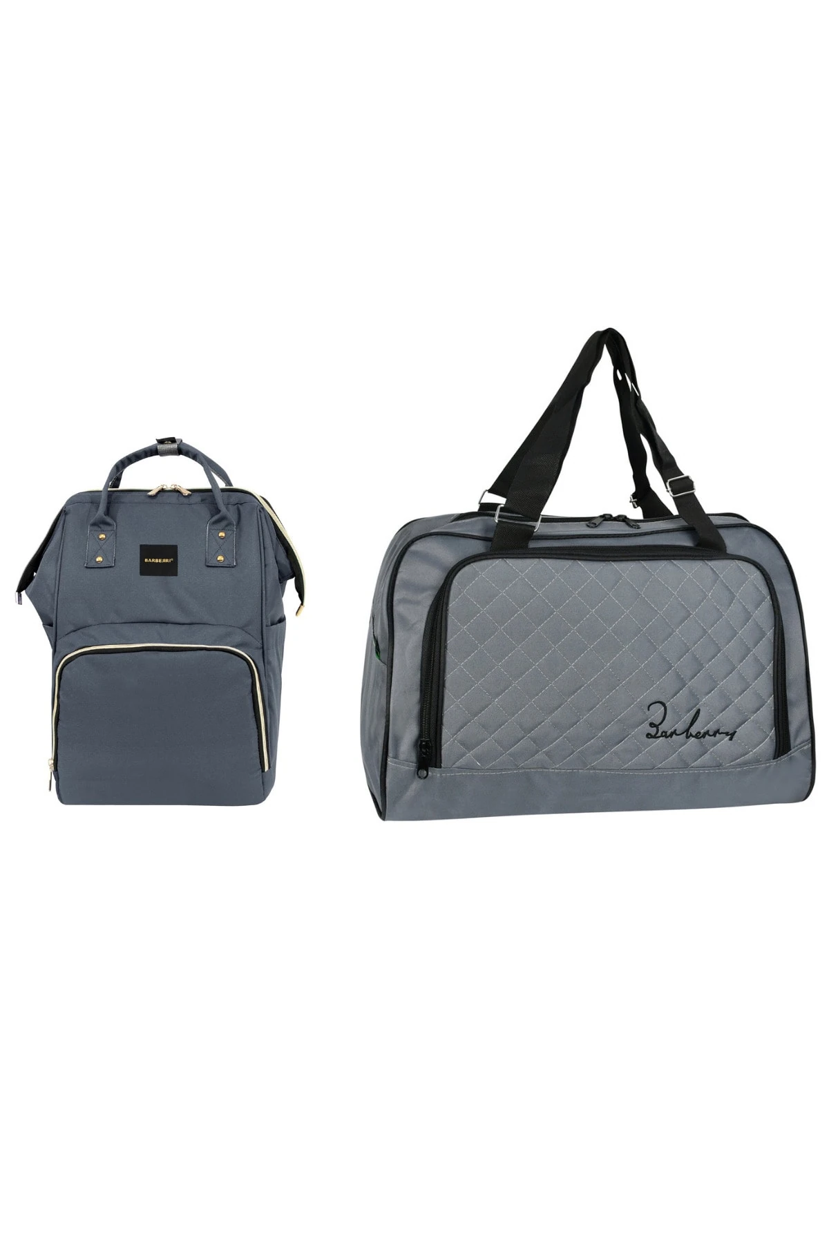 Anne Bebek Bakım Gri Klasik Sırt Çantası Ve Kapitoneli Büyük Boy Spor Seyahat El Valizi