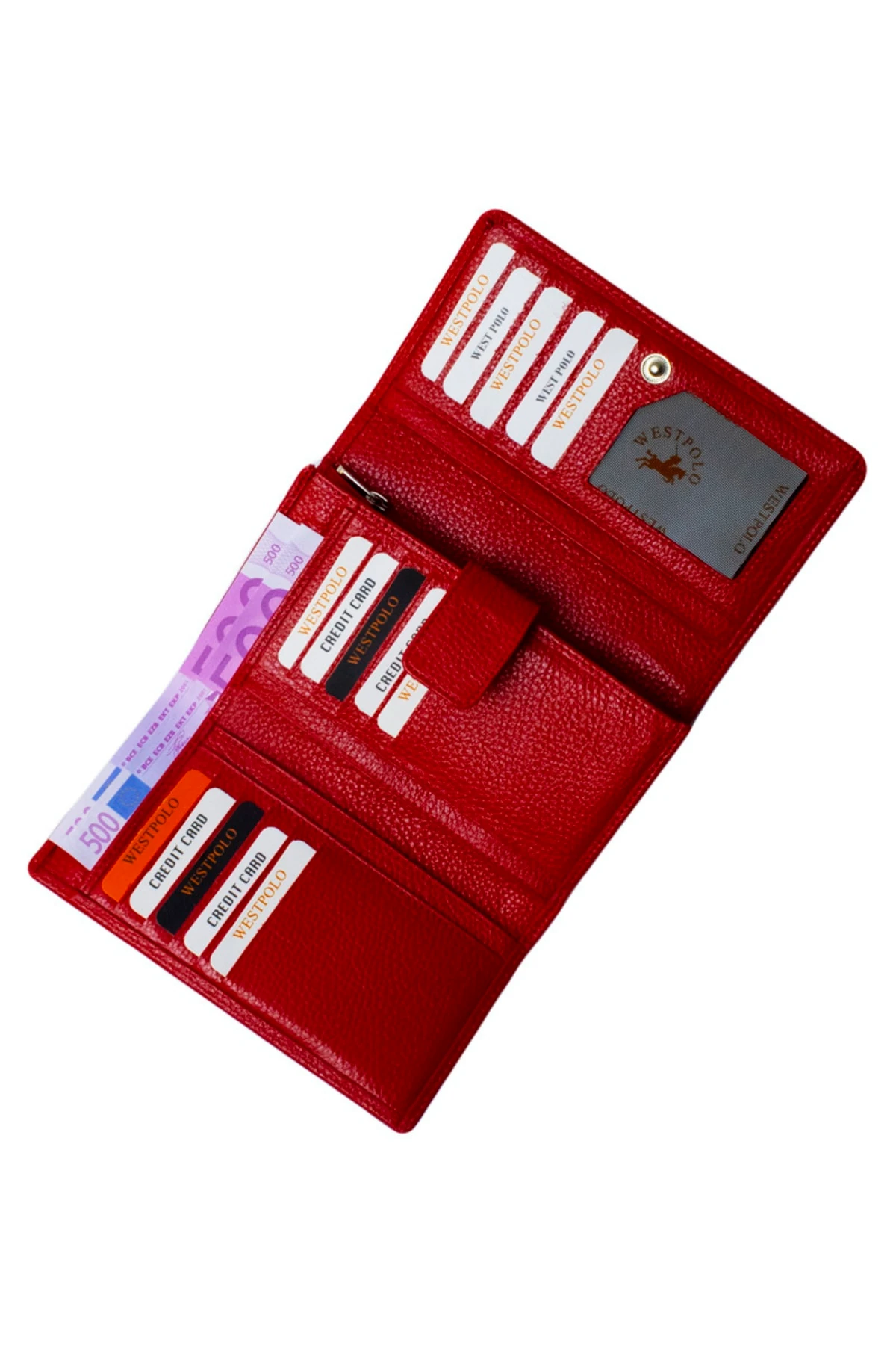 Hakiki Deri Kırmızı Bol Bölmeli Cüzdan