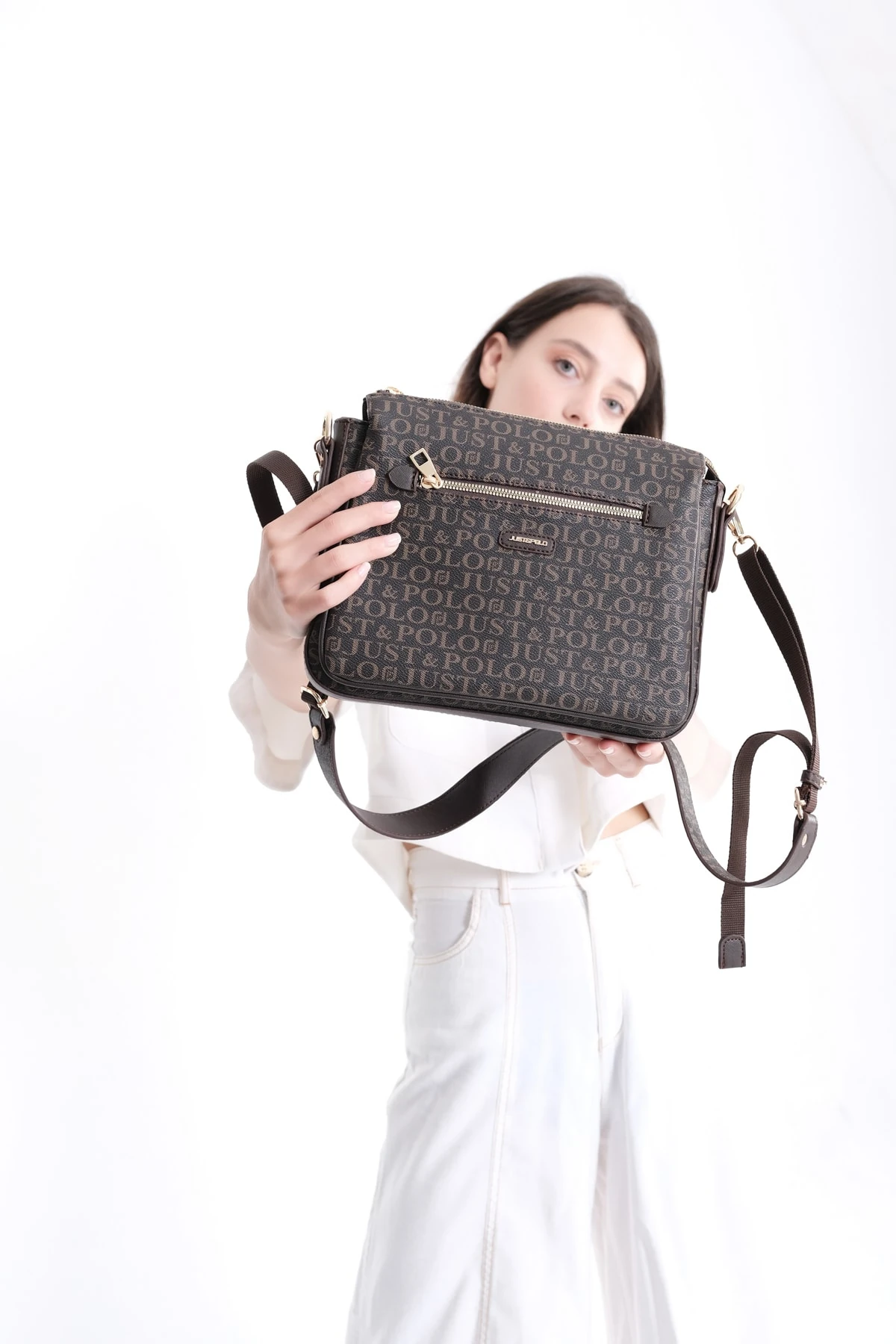 Beyaz Desenli 5 Bölmeli Kadın Çapraz Omuz Çantası