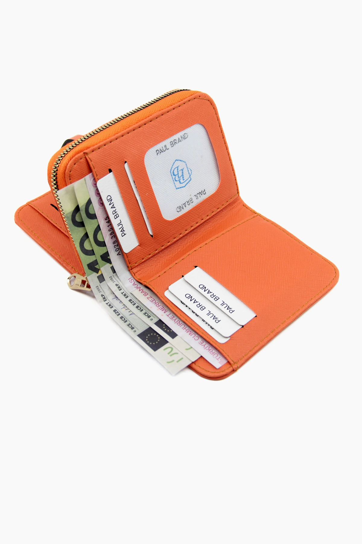 Büyük Boy Patlı Bol Kartlıklı Bozuk Para ve Kağıt Para Bölmeli Turuncu Kadın Cüzdan PBA742