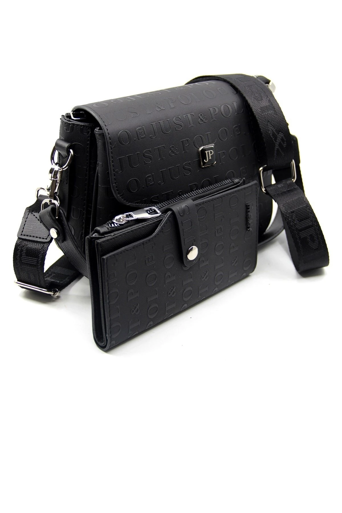 Siyah Baskı Desenli Kolon Askılı 4 Bölmeli Kadın Omuz Çantası Ve Cüzdan Kombini 25x15cm Pbu2184