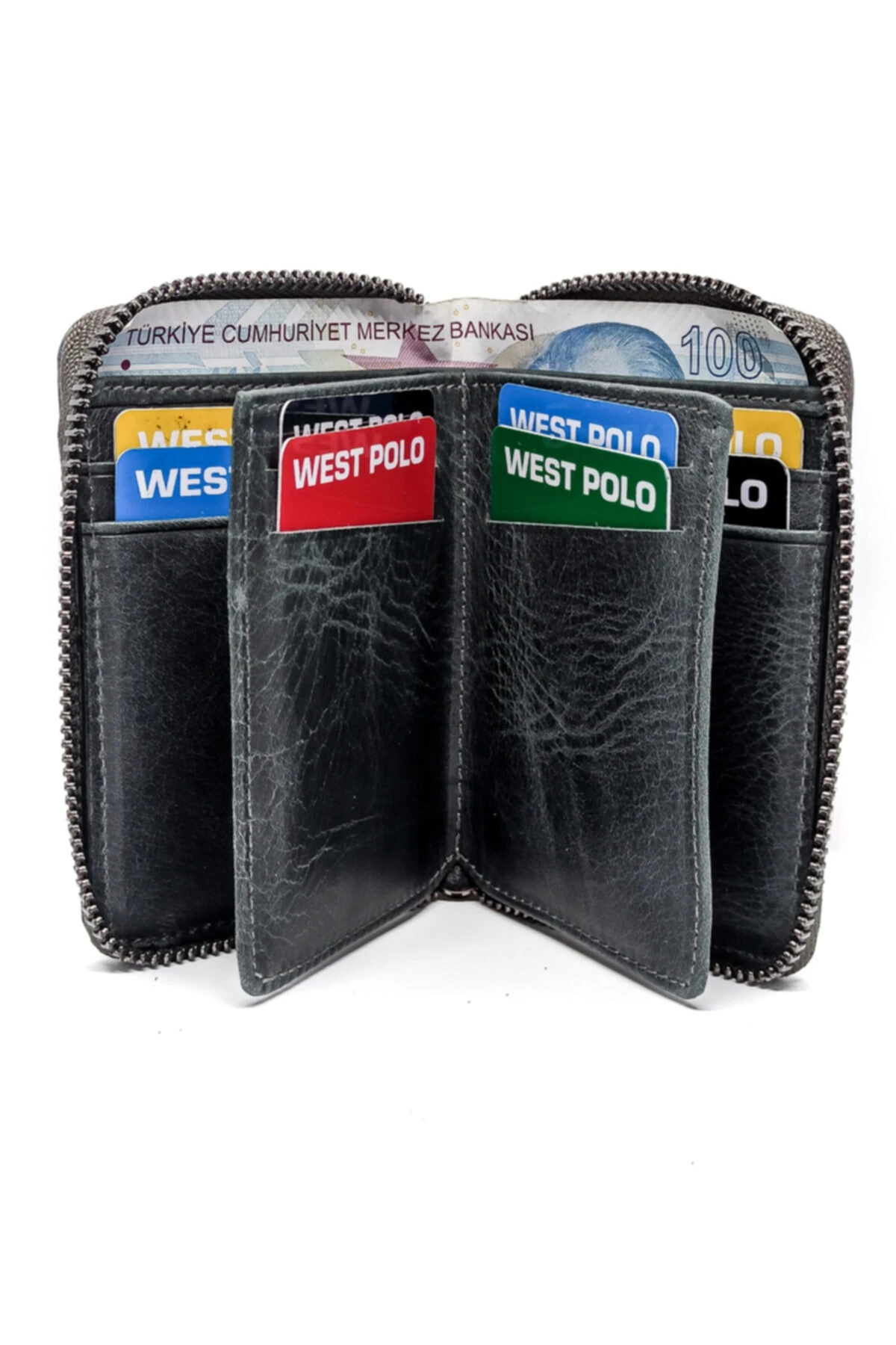 Hakiki Vintage Deri Fermuarlı Cüzdan Kartlık