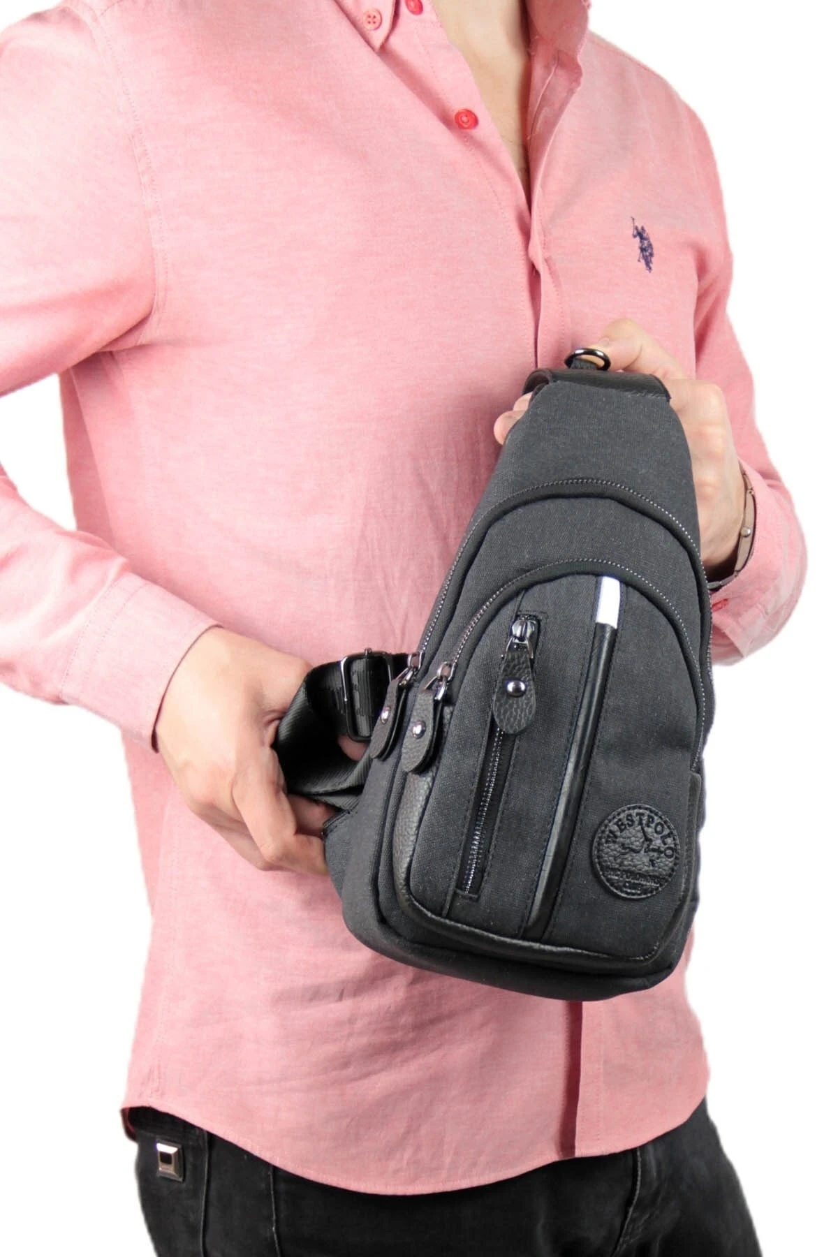 Erkek Siyah Kanvas Detaylı Vücut Çantası Pbu7005