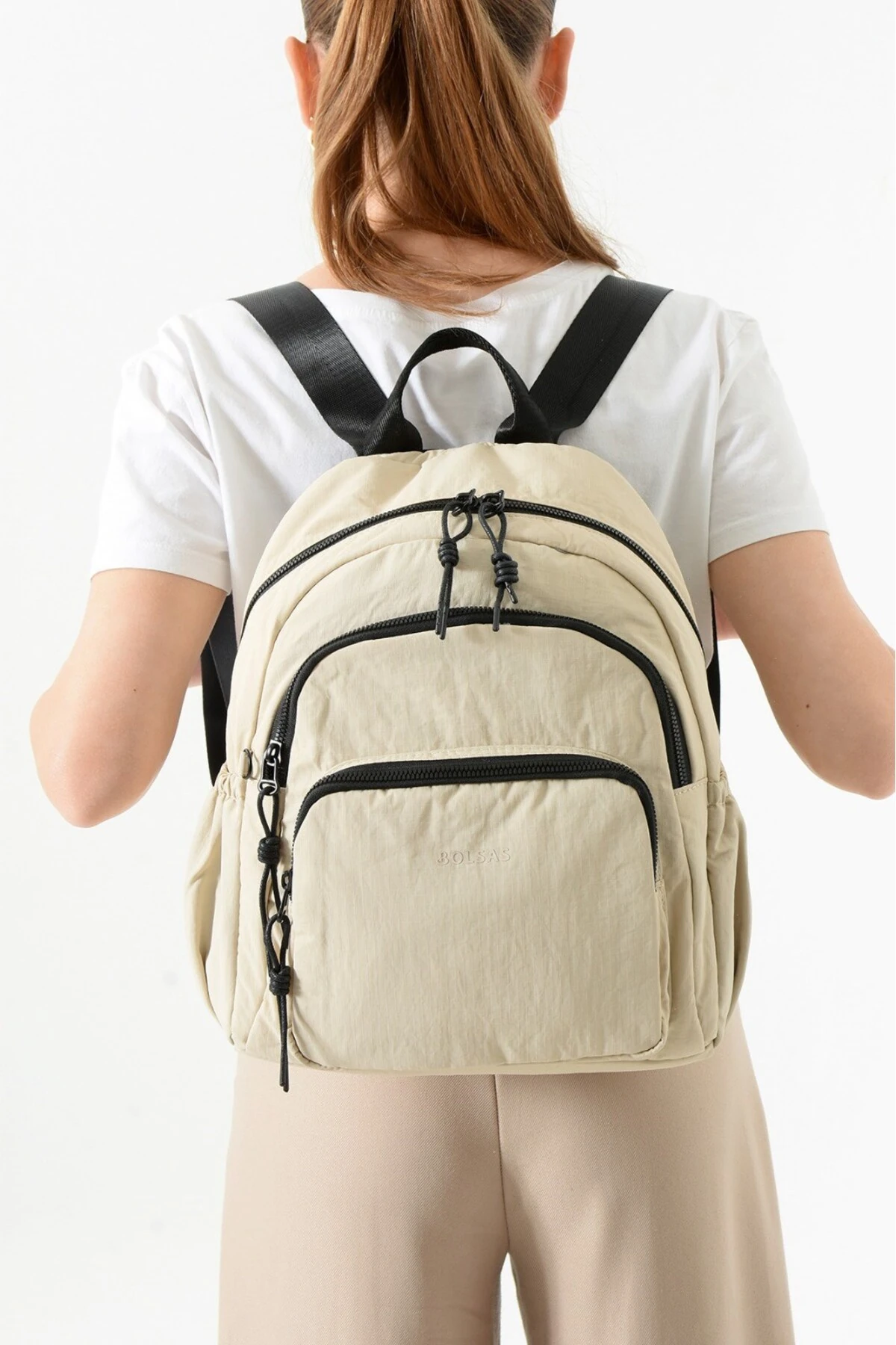 Kadın 3 Bölmeli Hafif & Geniş Hacimli Suya Dayanıklı Bej Klinkır Kumaş Günlük Sırt Çantası Mat1109