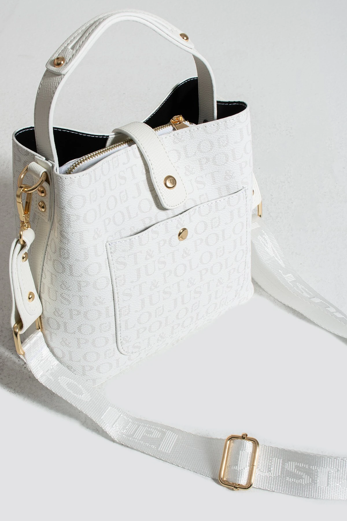 Beyaz Baskı Desenli Kilit Detaylı 3 Gözlü Kadın El ve Omuz Çantası 22x20cm PBU2098